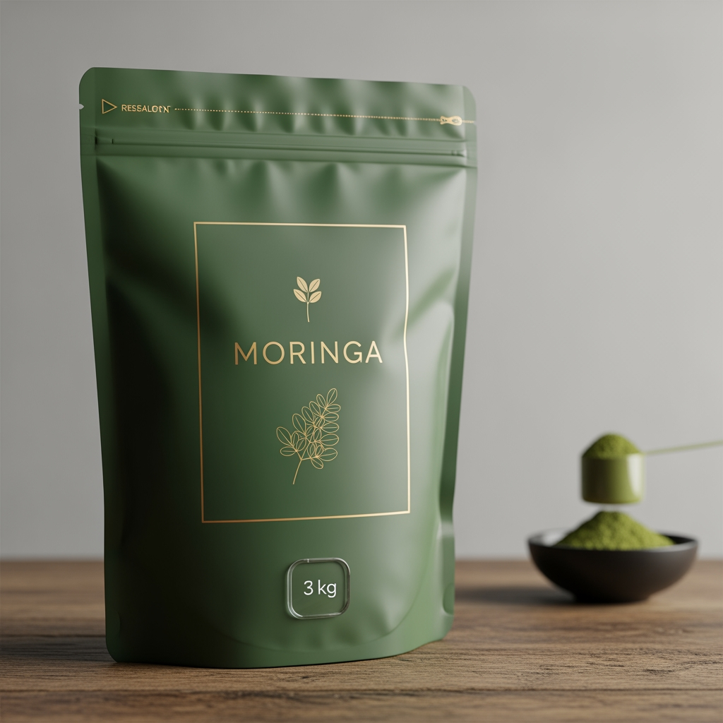 AI Design for I sell health supplement moringa to my customers, and I am looking for premium packaging to sell moringa. It should look similar to Athletic Greens 3 kg one, and it should look really premium. I will sell moringa powder in pouches. I want you to come up with some product pictures that I can add to my Shopify store product page to sell the products. They should look like high-quality product pictures from different angles and different use cases of the moringa powder.