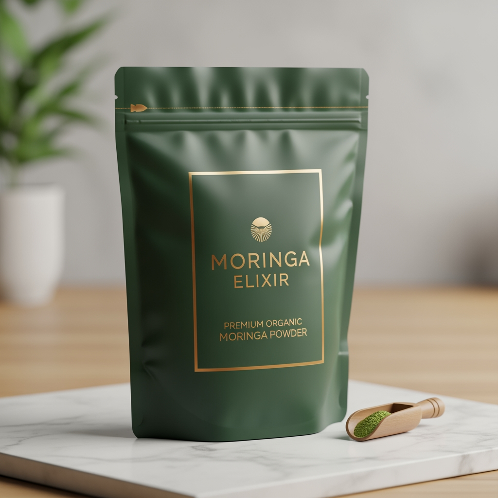 AI Design for I sell health supplement moringa to my customers, and I am looking for premium packaging to sell moringa. It should look similar to Athletic Greens 3 kg one, and it should look really premium. I will sell moringa powder in pouches. I want you to come up with some product pictures that I can add to my Shopify store product page to sell the products. They should look like high-quality product pictures from different angles and different use cases of the moringa powder.