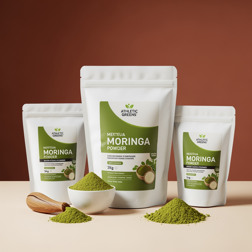 AI Design for I sell health supplement moringa to my customers, and I am looking for premium packaging to sell moringa. It should look similar to Athletic Greens 3 kg one, and it should look really premium. I will sell moringa powder in pouches. I want you to come up with some product pictures that I can add to my Shopify store product page to sell the products. They should look like high-quality product pictures from different angles and different use cases of the moringa powder.