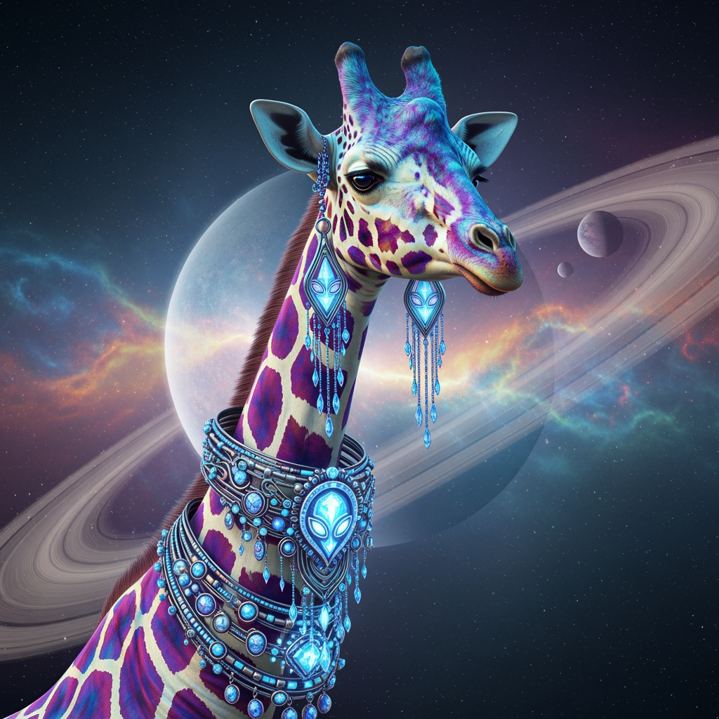 AI Design for create an image of a giraffe wearing jewelry for an ecommerce brand selling to alients