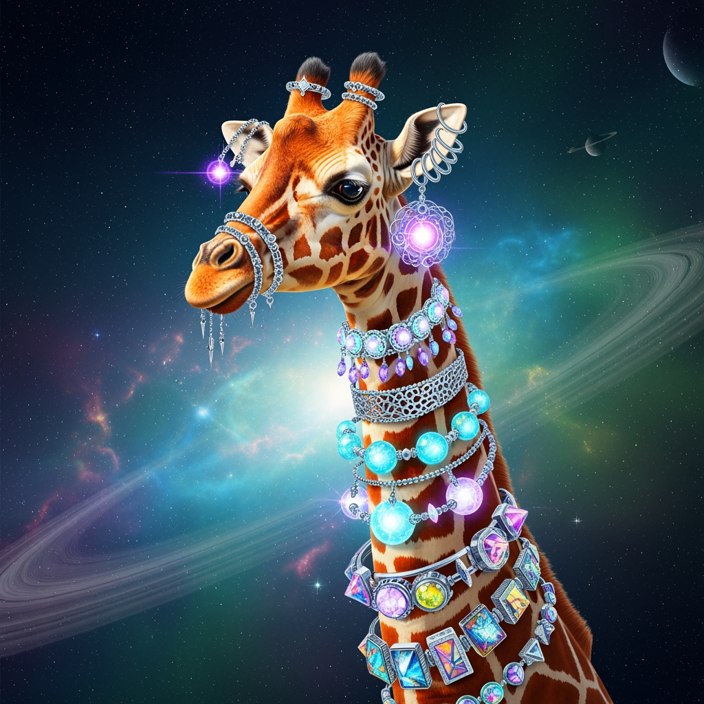 create an image of a giraffe wearing jewelry for an ecommerce brand selling to alients