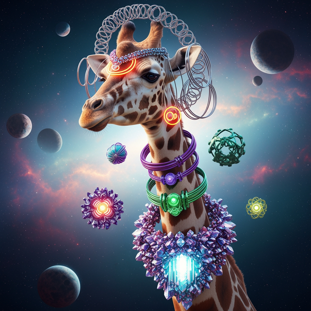 create an image of a giraffe wearing jewelry for an ecommerce brand selling to alients