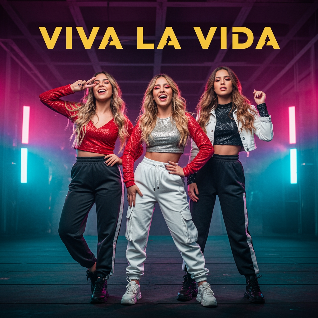 AI Design for Create a stunning, high-energy music poster for a three-member female band named "VIVA LA VIDA." The atmosphere should celebrate freedom, friendship, confidence, and living life to the fullest. The three girls stand side by side in powerful, stylish poses, smiling with energetic and charismatic expressions.
Their outfits are inspired by modern Latin-pop and contemporary street fashion: vibrant reds, golds, whites, and black accents with subtle glitter details. Each member has her own unique personality while maintaining a cohesive group style.
The background features a lively sunset city skyline blended with tropical palm trees, colorful confetti, neon lights, and dynamic paint splashes in warm orange, pink, purple, and turquoise tones. Musical elements like glowing sound waves, microphones, speakers, and abstract rhythm patterns are subtly integrated into the scene.
Place the band name "VIVA LA VIDA" prominently at the top in bold, elegant metallic gold typography with a slight neon glow. Add the tagline underneath:
"Live Loud • Dream Big • Dance Forever"
Use cinematic lighting with warm golden-hour highlights, dramatic rim lighting, and vibrant color grading. Include floating sparkles, lens flares, and light bokeh for a premium concert-poster feel.
The overall style should resemble an official album or world tour poster—modern, energetic, premium, ultra-detailed, realistic, fashionable, and inspiring. High contrast, 8K resolution, crisp details, symmetrical composition, magazine-quality design, suitable for social media, concert promotions, and album artwork.