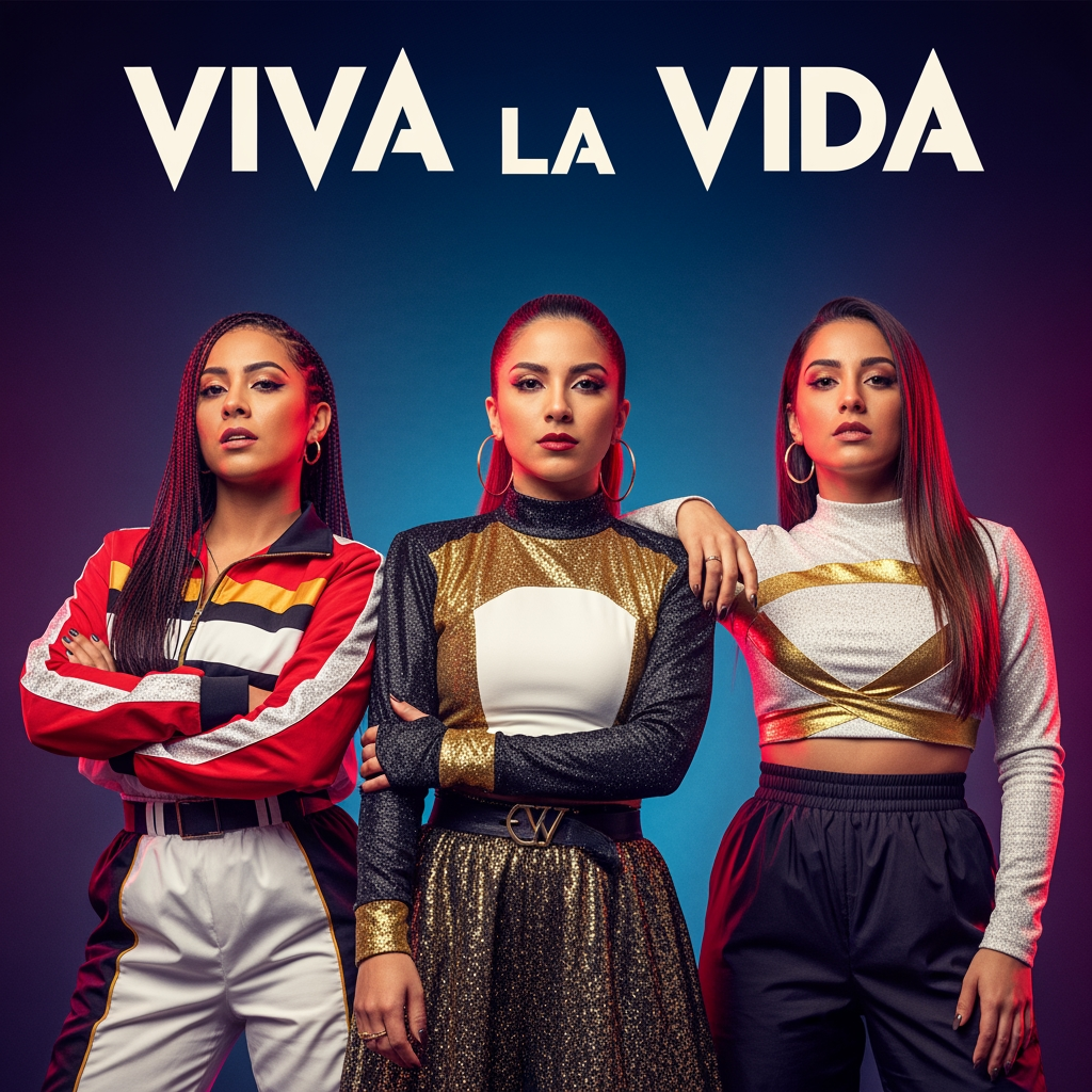 AI Design for Create a stunning, high-energy music poster for a three-member female band named "VIVA LA VIDA." The atmosphere should celebrate freedom, friendship, confidence, and living life to the fullest. The three girls stand side by side in powerful, stylish poses, smiling with energetic and charismatic expressions.
Their outfits are inspired by modern Latin-pop and contemporary street fashion: vibrant reds, golds, whites, and black accents with subtle glitter details. Each member has her own unique personality while maintaining a cohesive group style.
The background features a lively sunset city skyline blended with tropical palm trees, colorful confetti, neon lights, and dynamic paint splashes in warm orange, pink, purple, and turquoise tones. Musical elements like glowing sound waves, microphones, speakers, and abstract rhythm patterns are subtly integrated into the scene.
Place the band name "VIVA LA VIDA" prominently at the top in bold, elegant metallic gold typography with a slight neon glow. Add the tagline underneath:
"Live Loud • Dream Big • Dance Forever"
Use cinematic lighting with warm golden-hour highlights, dramatic rim lighting, and vibrant color grading. Include floating sparkles, lens flares, and light bokeh for a premium concert-poster feel.
The overall style should resemble an official album or world tour poster—modern, energetic, premium, ultra-detailed, realistic, fashionable, and inspiring. High contrast, 8K resolution, crisp details, symmetrical composition, magazine-quality design, suitable for social media, concert promotions, and album artwork.