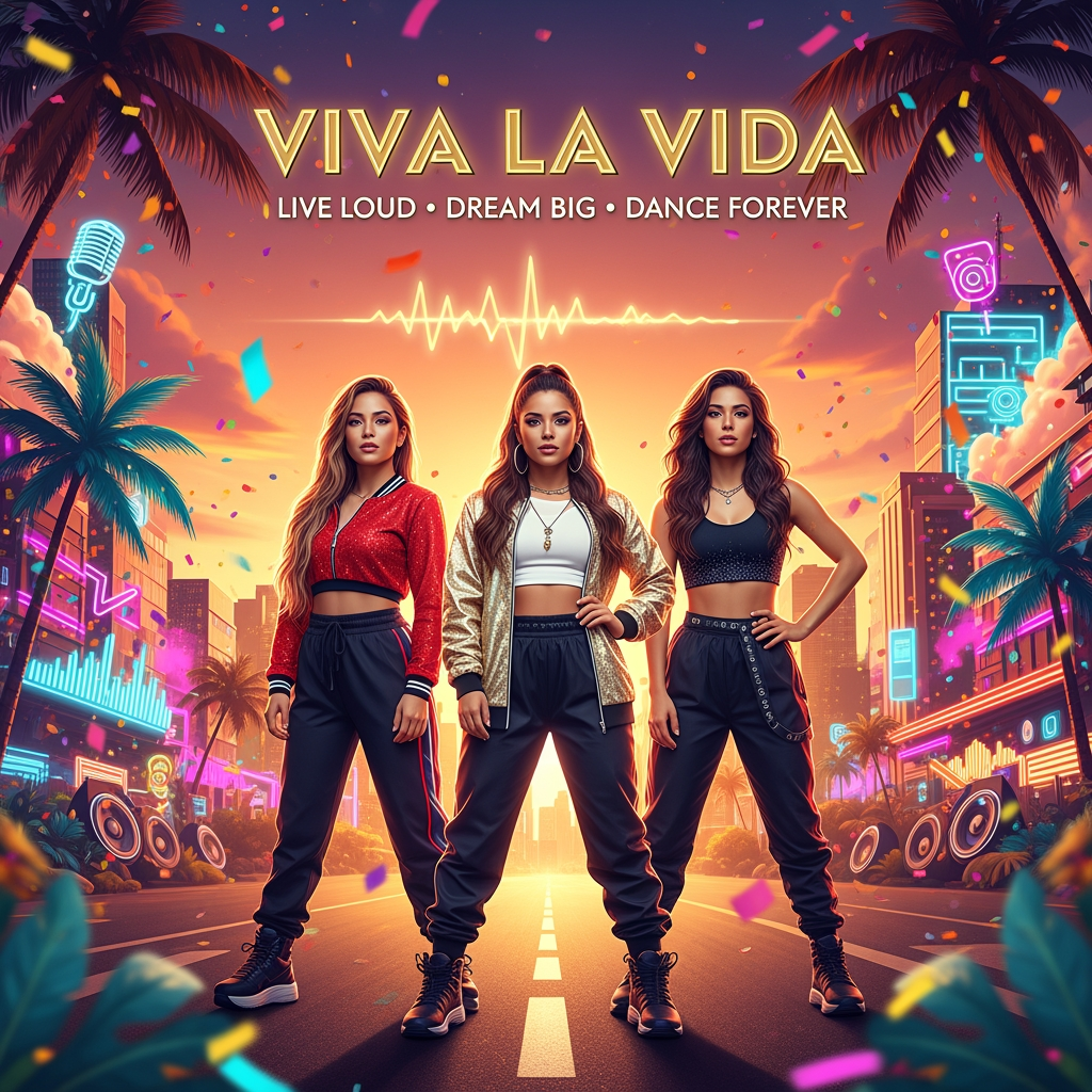 AI Design for Create a stunning, high-energy music poster for a three-member female band named "VIVA LA VIDA." The atmosphere should celebrate freedom, friendship, confidence, and living life to the fullest. The three girls stand side by side in powerful, stylish poses, smiling with energetic and charismatic expressions.
Their outfits are inspired by modern Latin-pop and contemporary street fashion: vibrant reds, golds, whites, and black accents with subtle glitter details. Each member has her own unique personality while maintaining a cohesive group style.
The background features a lively sunset city skyline blended with tropical palm trees, colorful confetti, neon lights, and dynamic paint splashes in warm orange, pink, purple, and turquoise tones. Musical elements like glowing sound waves, microphones, speakers, and abstract rhythm patterns are subtly integrated into the scene.
Place the band name "VIVA LA VIDA" prominently at the top in bold, elegant metallic gold typography with a slight neon glow. Add the tagline underneath:
"Live Loud • Dream Big • Dance Forever"
Use cinematic lighting with warm golden-hour highlights, dramatic rim lighting, and vibrant color grading. Include floating sparkles, lens flares, and light bokeh for a premium concert-poster feel.
The overall style should resemble an official album or world tour poster—modern, energetic, premium, ultra-detailed, realistic, fashionable, and inspiring. High contrast, 8K resolution, crisp details, symmetrical composition, magazine-quality design, suitable for social media, concert promotions, and album artwork.