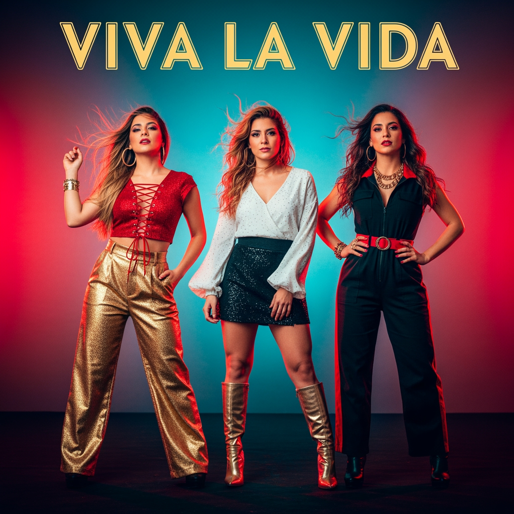 AI Design for Create a stunning, high-energy music poster for a three-member female band named "VIVA LA VIDA." The atmosphere should celebrate freedom, friendship, confidence, and living life to the fullest. The three girls stand side by side in powerful, stylish poses, smiling with energetic and charismatic expressions.
Their outfits are inspired by modern Latin-pop and contemporary street fashion: vibrant reds, golds, whites, and black accents with subtle glitter details. Each member has her own unique personality while maintaining a cohesive group style.
The background features a lively sunset city skyline blended with tropical palm trees, colorful confetti, neon lights, and dynamic paint splashes in warm orange, pink, purple, and turquoise tones. Musical elements like glowing sound waves, microphones, speakers, and abstract rhythm patterns are subtly integrated into the scene.
Place the band name "VIVA LA VIDA" prominently at the top in bold, elegant metallic gold typography with a slight neon glow. Add the tagline underneath:
"Live Loud • Dream Big • Dance Forever"
Use cinematic lighting with warm golden-hour highlights, dramatic rim lighting, and vibrant color grading. Include floating sparkles, lens flares, and light bokeh for a premium concert-poster feel.
The overall style should resemble an official album or world tour poster—modern, energetic, premium, ultra-detailed, realistic, fashionable, and inspiring. High contrast, 8K resolution, crisp details, symmetrical composition, magazine-quality design, suitable for social media, concert promotions, and album artwork.