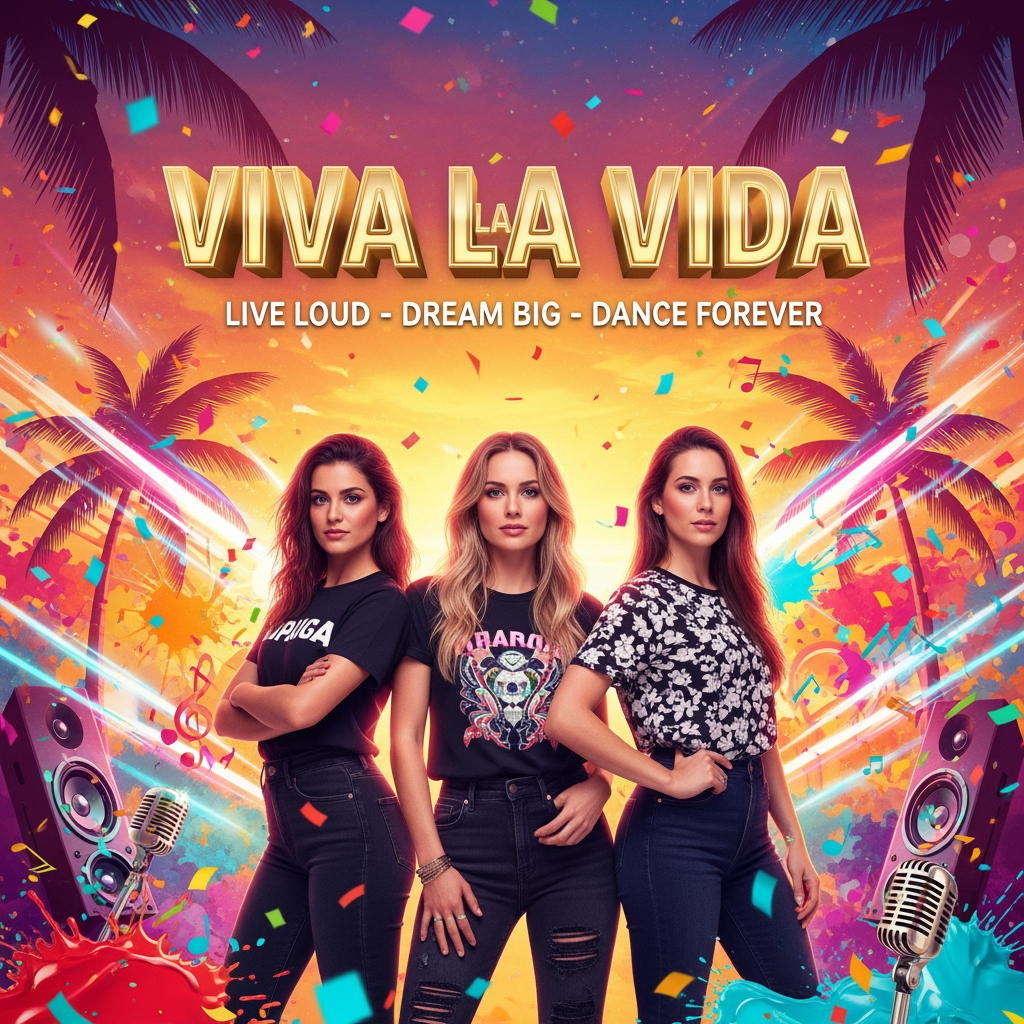 AI Design for Design a premium music band poster for a three-member female group called "VIVA LA VIDA." The theme is freedom, friendship, confidence, happiness, and living life to the fullest. The poster should have a modern Latin-pop and hip-hop vibe inspired by the energy of artists like Despacito and Gasolina.
The three teammates stand together in a confident V-shaped formation, smiling naturally and looking energetic.
Member 1: Short in height, fair complexion, cute and cheerful face, medium-length dark hair, stylish modern outfit in white and gold with subtle red accents, confident smile.
Member 2: Tall, slim (skinny) build, Indian skin tone, long black hair, fashionable red and black street-style outfit with gold accessories, cool and confident expression.
Member 3: Tall, healthy/curvy build, Indian skin tone, long dark hair, trendy black and white outfit with red highlights, joyful smile, strong stage presence.
Their outfits complement each other with a coordinated color palette of red, white, black, and gold, combining Latin-pop glamour with modern street fashion. They wear stylish sneakers or boots, subtle jewelry, and performance-ready clothing.
The background features a vibrant tropical sunset with palm trees, colorful paint splashes, glowing neon lights, confetti, musical notes, speakers, microphones, and dynamic light streaks. Warm shades of orange, pink, purple, turquoise, and gold create an exciting festival atmosphere.
At the top, display the band name "VIVA LA VIDA" in large metallic gold 3D typography with a soft neon glow.
Below the title, add the tagline:
"Live Loud • Dream Big • Dance Forever"
Use cinematic lighting, golden-hour highlights, lens flares, soft bokeh, dramatic rim lighting, and ultra-realistic textures. The composition should resemble an official album cover or world tour poster with a luxurious, energetic, youthful, and inspirational feel.
Style: Ultra-realistic, premium concert poster, Latin-pop, hip-hop aesthetic, fashion editorial, vibrant colors, cinematic, 8K, highly detailed, magazine-quality, symmetrical composition, professional music branding.