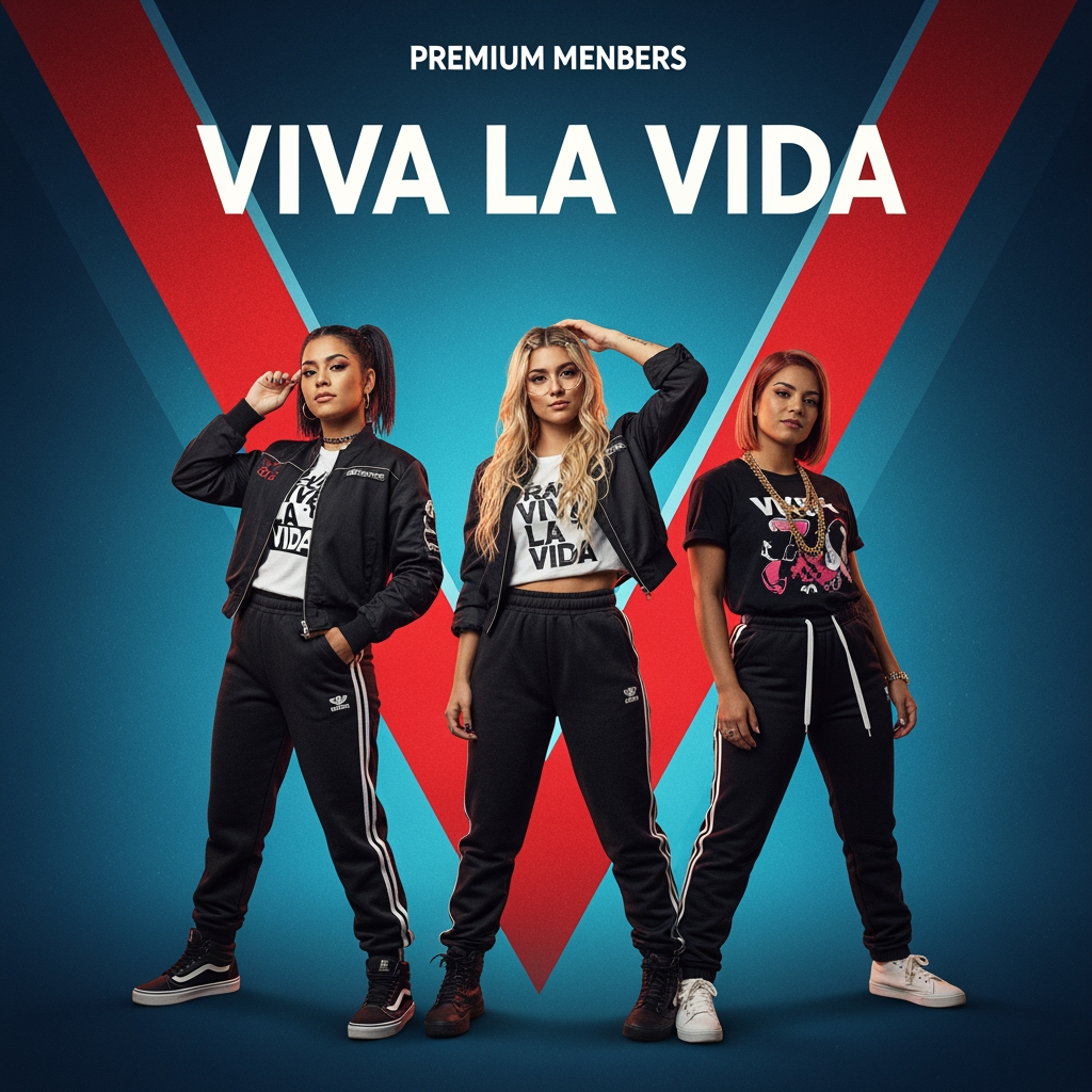 AI Design for Design a premium music band poster for a three-member female group called "VIVA LA VIDA." The theme is freedom, friendship, confidence, happiness, and living life to the fullest. The poster should have a modern Latin-pop and hip-hop vibe inspired by the energy of artists like Despacito and Gasolina.
The three teammates stand together in a confident V-shaped formation, smiling naturally and looking energetic.
Member 1: Short in height, fair complexion, cute and cheerful face, medium-length dark hair, stylish modern outfit in white and gold with subtle red accents, confident smile.
Member 2: Tall, slim (skinny) build, Indian skin tone, long black hair, fashionable red and black street-style outfit with gold accessories, cool and confident expression.
Member 3: Tall, healthy/curvy build, Indian skin tone, long dark hair, trendy black and white outfit with red highlights, joyful smile, strong stage presence.
Their outfits complement each other with a coordinated color palette of red, white, black, and gold, combining Latin-pop glamour with modern street fashion. They wear stylish sneakers or boots, subtle jewelry, and performance-ready clothing.
The background features a vibrant tropical sunset with palm trees, colorful paint splashes, glowing neon lights, confetti, musical notes, speakers, microphones, and dynamic light streaks. Warm shades of orange, pink, purple, turquoise, and gold create an exciting festival atmosphere.
At the top, display the band name "VIVA LA VIDA" in large metallic gold 3D typography with a soft neon glow.
Below the title, add the tagline:
"Live Loud • Dream Big • Dance Forever"
Use cinematic lighting, golden-hour highlights, lens flares, soft bokeh, dramatic rim lighting, and ultra-realistic textures. The composition should resemble an official album cover or world tour poster with a luxurious, energetic, youthful, and inspirational feel.
Style: Ultra-realistic, premium concert poster, Latin-pop, hip-hop aesthetic, fashion editorial, vibrant colors, cinematic, 8K, highly detailed, magazine-quality, symmetrical composition, professional music branding.
