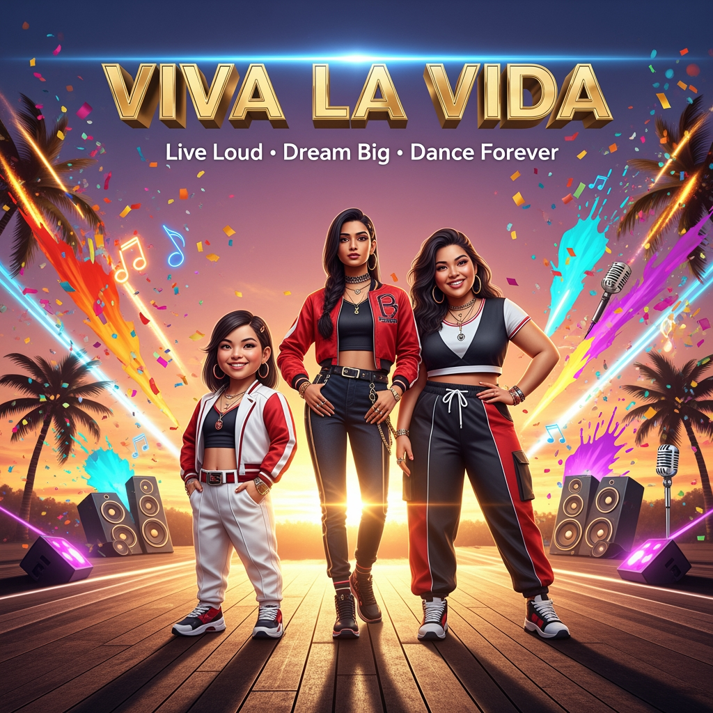 AI Design for Design a premium music band poster for a three-member female group called "VIVA LA VIDA." The theme is freedom, friendship, confidence, happiness, and living life to the fullest. The poster should have a modern Latin-pop and hip-hop vibe inspired by the energy of artists like Despacito and Gasolina.
The three teammates stand together in a confident V-shaped formation, smiling naturally and looking energetic.
Member 1: Short in height, fair complexion, cute and cheerful face, medium-length dark hair, stylish modern outfit in white and gold with subtle red accents, confident smile.
Member 2: Tall, slim (skinny) build, Indian skin tone, long black hair, fashionable red and black street-style outfit with gold accessories, cool and confident expression.
Member 3: Tall, healthy/curvy build, Indian skin tone, long dark hair, trendy black and white outfit with red highlights, joyful smile, strong stage presence.
Their outfits complement each other with a coordinated color palette of red, white, black, and gold, combining Latin-pop glamour with modern street fashion. They wear stylish sneakers or boots, subtle jewelry, and performance-ready clothing.
The background features a vibrant tropical sunset with palm trees, colorful paint splashes, glowing neon lights, confetti, musical notes, speakers, microphones, and dynamic light streaks. Warm shades of orange, pink, purple, turquoise, and gold create an exciting festival atmosphere.
At the top, display the band name "VIVA LA VIDA" in large metallic gold 3D typography with a soft neon glow.
Below the title, add the tagline:
"Live Loud • Dream Big • Dance Forever"
Use cinematic lighting, golden-hour highlights, lens flares, soft bokeh, dramatic rim lighting, and ultra-realistic textures. The composition should resemble an official album cover or world tour poster with a luxurious, energetic, youthful, and inspirational feel.
Style: Ultra-realistic, premium concert poster, Latin-pop, hip-hop aesthetic, fashion editorial, vibrant colors, cinematic, 8K, highly detailed, magazine-quality, symmetrical composition, professional music branding.