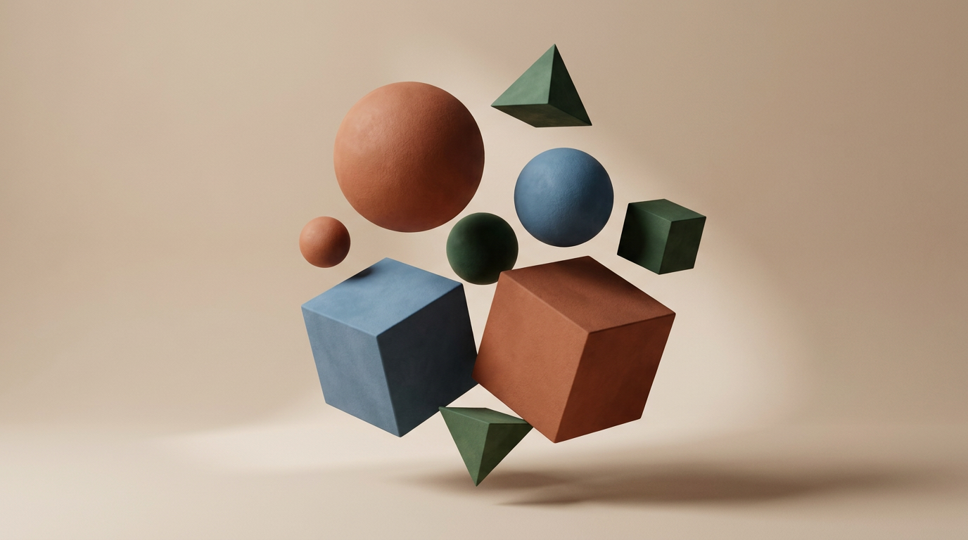 AI Design for A minimalist abstract composition featuring a harmonious arrangement of floating geometric shapes including spheres, cubes, and pyramids. The scene is illuminated by soft, directional studio lighting that creates clean shadows and highlights, set against a smooth, matte pastel background with subtle depth and rich textures.