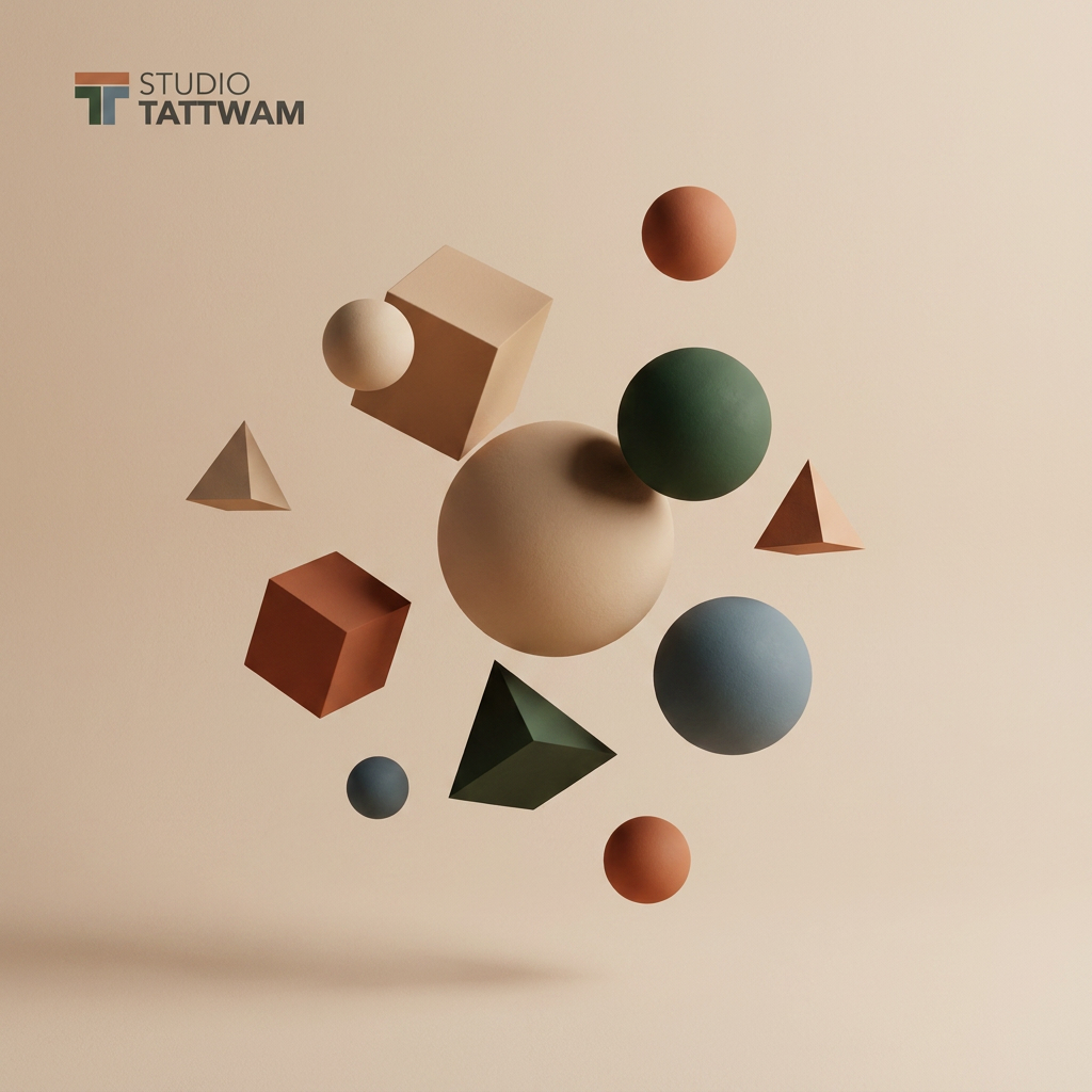 AI Design for A minimalist abstract composition featuring a harmonious arrangement of floating geometric shapes including spheres, cubes, and pyramids. The scene is illuminated by soft, directional studio lighting that creates clean shadows and highlights, set against a smooth, matte pastel background with subtle depth and rich textures.