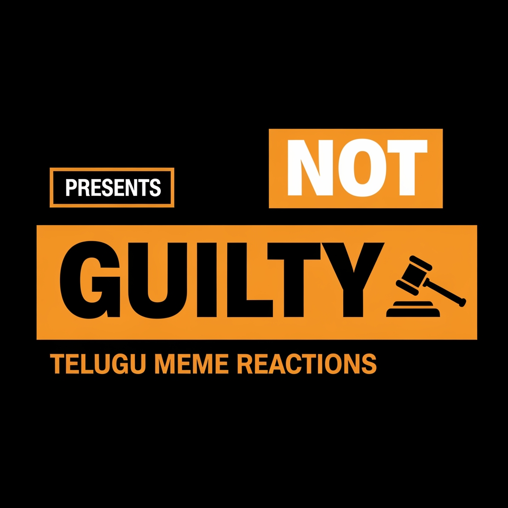 AI Design for Design a bold YouTube channel logo for "NOT GUILTY" 
— a Telugu meme reaction show.

LAYOUT:
- Top left: small text "PRESENTS" inside a thin 
  orange rectangle outline
- Top right: "NOT" in a solid orange filled box, 
  bold heavy font
- Bottom: "GUILTY" in an even bigger solid orange 
  block, full width, dominates the design
- Small gavel icon to the right of the layout
- Bottom tagline: "TELUGU MEME REACTIONS" 
  in spaced small caps

TYPOGRAPHY:
- Font style: Ultra black condensed slab serif 
  (like Impact, Bebas Neue, or Anton)
- "NOT" — white text on orange block
- "GUILTY" — black text on orange block
- All caps, zero letter spacing on main words
- Tagline: wide letter spacing, thin weight

COLORS:
- Background: pure black #111111
- Primary: bold orange #E85D00
- Text on orange: black #111111
- Accent outlines: orange #E85D00

STYLE:
- Flat design — zero gradients, zero glow, 
  zero shadows
- Raw and aggressive like a newspaper headline
- Courtroom drama meets Telugu mass movie energy
- High contrast, print-ready boldness
- Similar vibe to MensXP Men's Locker Room logo
- No illustrations, pure typography and blocks

MOOD:
Loud. Confident. Chaotic but structured.
Like a verdict being announced in a crowded court.