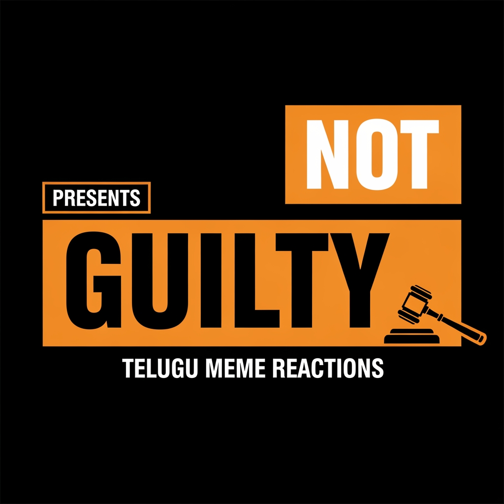 AI Design for Design a bold YouTube channel logo for "NOT GUILTY" 
— a Telugu meme reaction show.

LAYOUT:
- Top left: small text "PRESENTS" inside a thin 
  orange rectangle outline
- Top right: "NOT" in a solid orange filled box, 
  bold heavy font
- Bottom: "GUILTY" in an even bigger solid orange 
  block, full width, dominates the design
- Small gavel icon to the right of the layout
- Bottom tagline: "TELUGU MEME REACTIONS" 
  in spaced small caps

TYPOGRAPHY:
- Font style: Ultra black condensed slab serif 
  (like Impact, Bebas Neue, or Anton)
- "NOT" — white text on orange block
- "GUILTY" — black text on orange block
- All caps, zero letter spacing on main words
- Tagline: wide letter spacing, thin weight

COLORS:
- Background: pure black #111111
- Primary: bold orange #E85D00
- Text on orange: black #111111
- Accent outlines: orange #E85D00

STYLE:
- Flat design — zero gradients, zero glow, 
  zero shadows
- Raw and aggressive like a newspaper headline
- Courtroom drama meets Telugu mass movie energy
- High contrast, print-ready boldness
- Similar vibe to MensXP Men's Locker Room logo
- No illustrations, pure typography and blocks

MOOD:
Loud. Confident. Chaotic but structured.
Like a verdict being announced in a crowded court.
