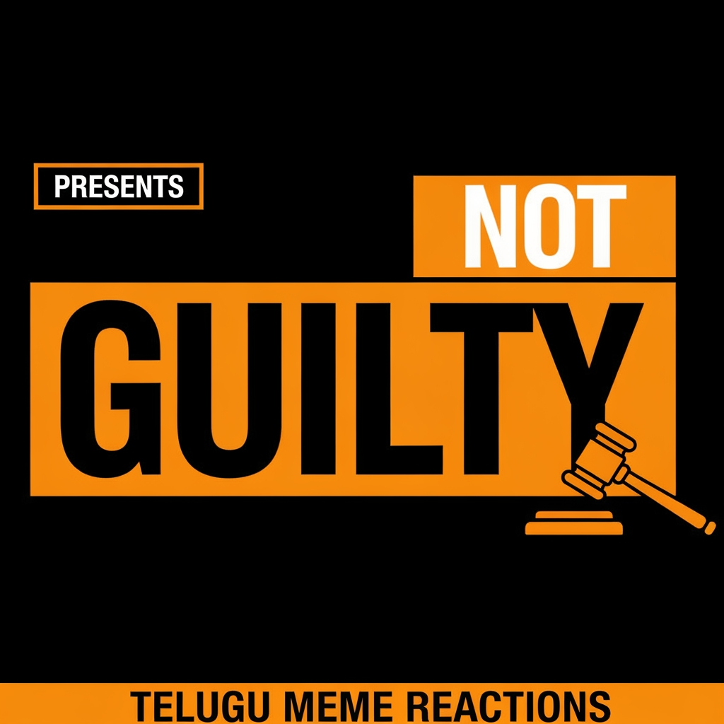 AI Design for Design a bold YouTube channel logo for "NOT GUILTY" 
— a Telugu meme reaction show.

LAYOUT:
- Top left: small text "PRESENTS" inside a thin 
  orange rectangle outline
- Top right: "NOT" in a solid orange filled box, 
  bold heavy font
- Bottom: "GUILTY" in an even bigger solid orange 
  block, full width, dominates the design
- Small gavel icon to the right of the layout
- Bottom tagline: "TELUGU MEME REACTIONS" 
  in spaced small caps

TYPOGRAPHY:
- Font style: Ultra black condensed slab serif 
  (like Impact, Bebas Neue, or Anton)
- "NOT" — white text on orange block
- "GUILTY" — black text on orange block
- All caps, zero letter spacing on main words
- Tagline: wide letter spacing, thin weight

COLORS:
- Background: pure black #111111
- Primary: bold orange #E85D00
- Text on orange: black #111111
- Accent outlines: orange #E85D00

STYLE:
- Flat design — zero gradients, zero glow, 
  zero shadows
- Raw and aggressive like a newspaper headline
- Courtroom drama meets Telugu mass movie energy
- High contrast, print-ready boldness
- Similar vibe to MensXP Men's Locker Room logo
- No illustrations, pure typography and blocks

MOOD:
Loud. Confident. Chaotic but structured.
Like a verdict being announced in a crowded court.