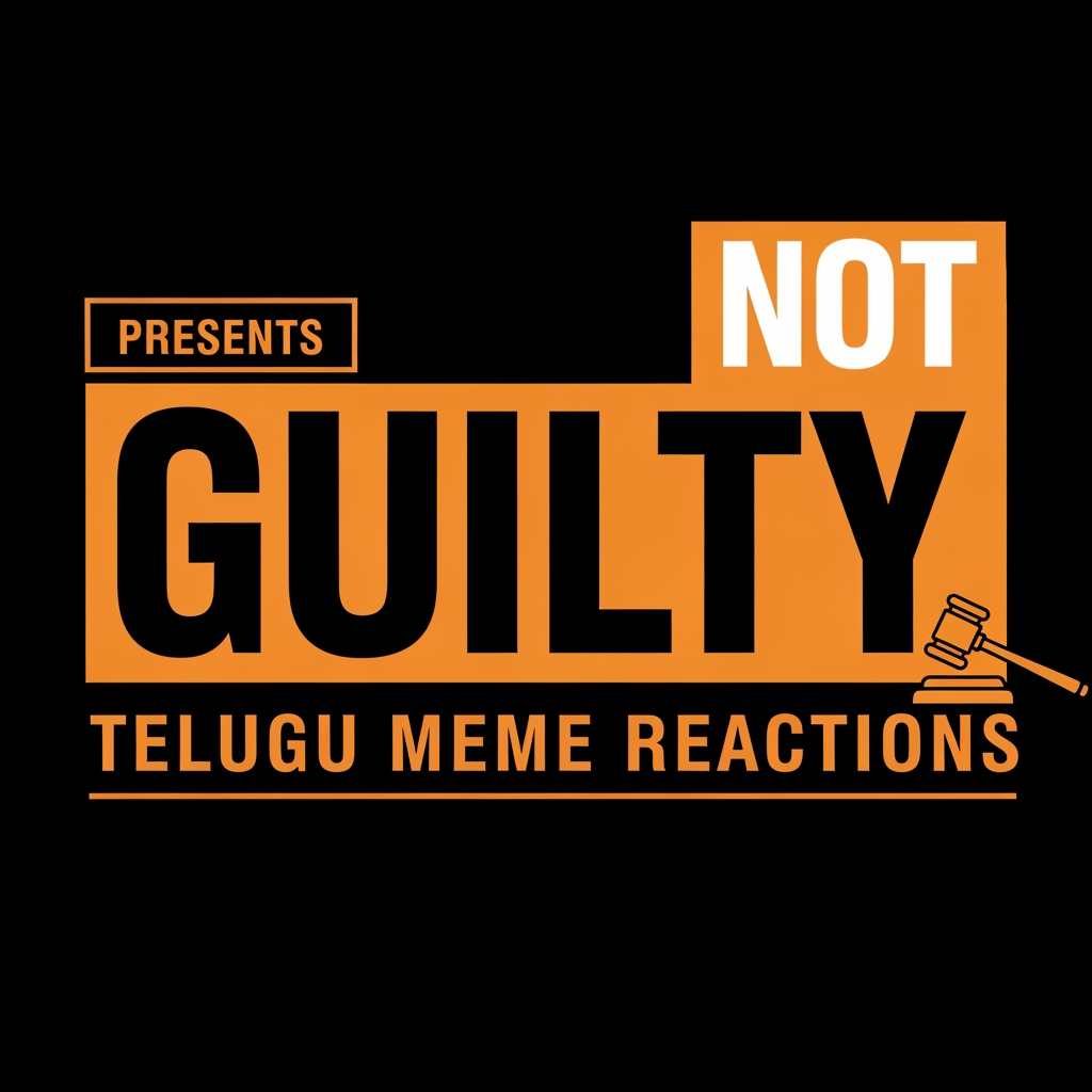 AI Design for Design a bold YouTube channel logo for "NOT GUILTY" 
— a Telugu meme reaction show.

LAYOUT:
- Top left: small text "PRESENTS" inside a thin 
  orange rectangle outline
- Top right: "NOT" in a solid orange filled box, 
  bold heavy font
- Bottom: "GUILTY" in an even bigger solid orange 
  block, full width, dominates the design
- Small gavel icon to the right of the layout
- Bottom tagline: "TELUGU MEME REACTIONS" 
  in spaced small caps

TYPOGRAPHY:
- Font style: Ultra black condensed slab serif 
  (like Impact, Bebas Neue, or Anton)
- "NOT" — white text on orange block
- "GUILTY" — black text on orange block
- All caps, zero letter spacing on main words
- Tagline: wide letter spacing, thin weight

COLORS:
- Background: pure black #111111
- Primary: bold orange #E85D00
- Text on orange: black #111111
- Accent outlines: orange #E85D00

STYLE:
- Flat design — zero gradients, zero glow, 
  zero shadows
- Raw and aggressive like a newspaper headline
- Courtroom drama meets Telugu mass movie energy
- High contrast, print-ready boldness
- Similar vibe to MensXP Men's Locker Room logo
- No illustrations, pure typography and blocks

MOOD:
Loud. Confident. Chaotic but structured.
Like a verdict being announced in a crowded court.