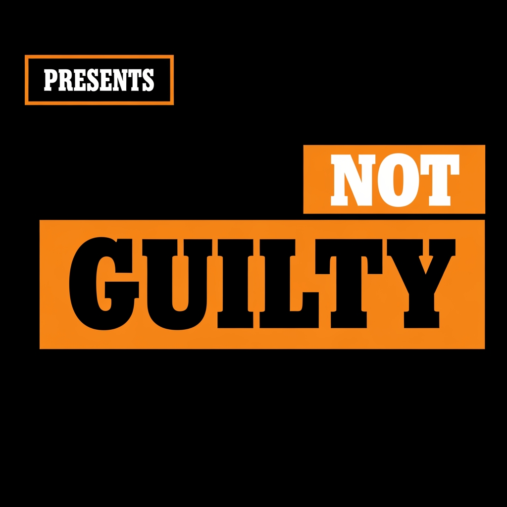AI Design for Design a bold YouTube channel logo for "NOT GUILTY" 
— a Telugu meme reaction show.

LAYOUT:
- Top left: small text "PRESENTS" inside a thin 
  orange rectangle outline
- Top right: "NOT" in a solid orange filled box, 
  bold heavy font
- Bottom: "GUILTY" in an even bigger solid orange 
  block, full width, dominates the design


TYPOGRAPHY:
- Font style: Ultra black condensed slab serif 
  (like Impact, Bebas Neue, or Anton)
- "NOT" — white text on orange block
- "GUILTY" — black text on orange block
- All caps, zero letter spacing on main words
- Tagline: wide letter spacing, thin weight

COLORS:
- Background: pure black #111111
- Primary: bold orange #E85D00
- Text on orange: black #111111
- Accent outlines: orange #E85D00

STYLE:
- Flat design — zero gradients, zero glow, 
  zero shadows
- Raw and aggressive like a newspaper headline
- Courtroom drama meets Telugu mass movie energy
- High contrast, print-ready boldness
- Similar vibe to MensXP Men's Locker Room logo
- No illustrations, pure typography and blocks

MOOD:
Loud. Confident. Chaotic but structured.
Like a verdict being announced in a crowded court.