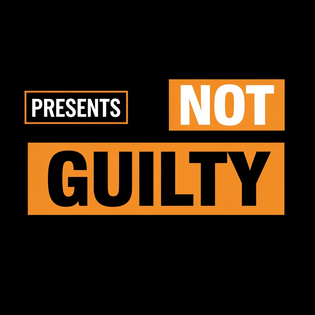 AI Design for Design a bold YouTube channel logo for "NOT GUILTY" 
— a Telugu meme reaction show.

LAYOUT:
- Top left: small text "PRESENTS" inside a thin 
  orange rectangle outline
- Top right: "NOT" in a solid orange filled box, 
  bold heavy font
- Bottom: "GUILTY" in an even bigger solid orange 
  block, full width, dominates the design


TYPOGRAPHY:
- Font style: Ultra black condensed slab serif 
  (like Impact, Bebas Neue, or Anton)
- "NOT" — white text on orange block
- "GUILTY" — black text on orange block
- All caps, zero letter spacing on main words
- Tagline: wide letter spacing, thin weight

COLORS:
- Background: pure black #111111
- Primary: bold orange #E85D00
- Text on orange: black #111111
- Accent outlines: orange #E85D00

STYLE:
- Flat design — zero gradients, zero glow, 
  zero shadows
- Raw and aggressive like a newspaper headline
- Courtroom drama meets Telugu mass movie energy
- High contrast, print-ready boldness
- Similar vibe to MensXP Men's Locker Room logo
- No illustrations, pure typography and blocks

MOOD:
Loud. Confident. Chaotic but structured.
Like a verdict being announced in a crowded court.