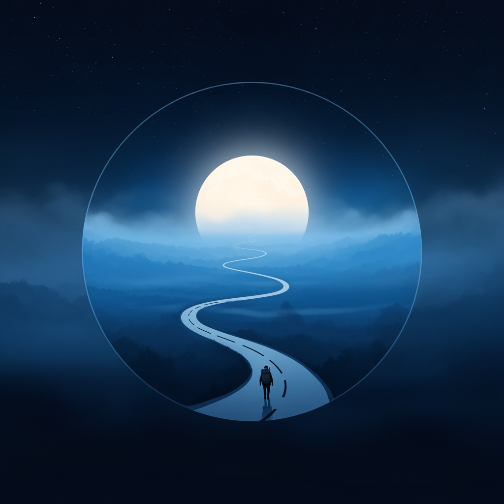 AI Design for Create a minimalist circular logo in a premium cinematic animated style. Inside the circle, a winding road disappears into thick blue mist beneath a large glowing full moon. A tiny traveler walks toward the horizon, creating a sense of mystery and adventure. The background is deep midnight blue with subtle stars and soft fog. Elegant painterly artwork, clean linework, feature-film animation quality, high contrast, simple enough to remain recognizable at small sizes. No text, no border decorations, no watermark, no photorealism, no CGI, no horror elements.