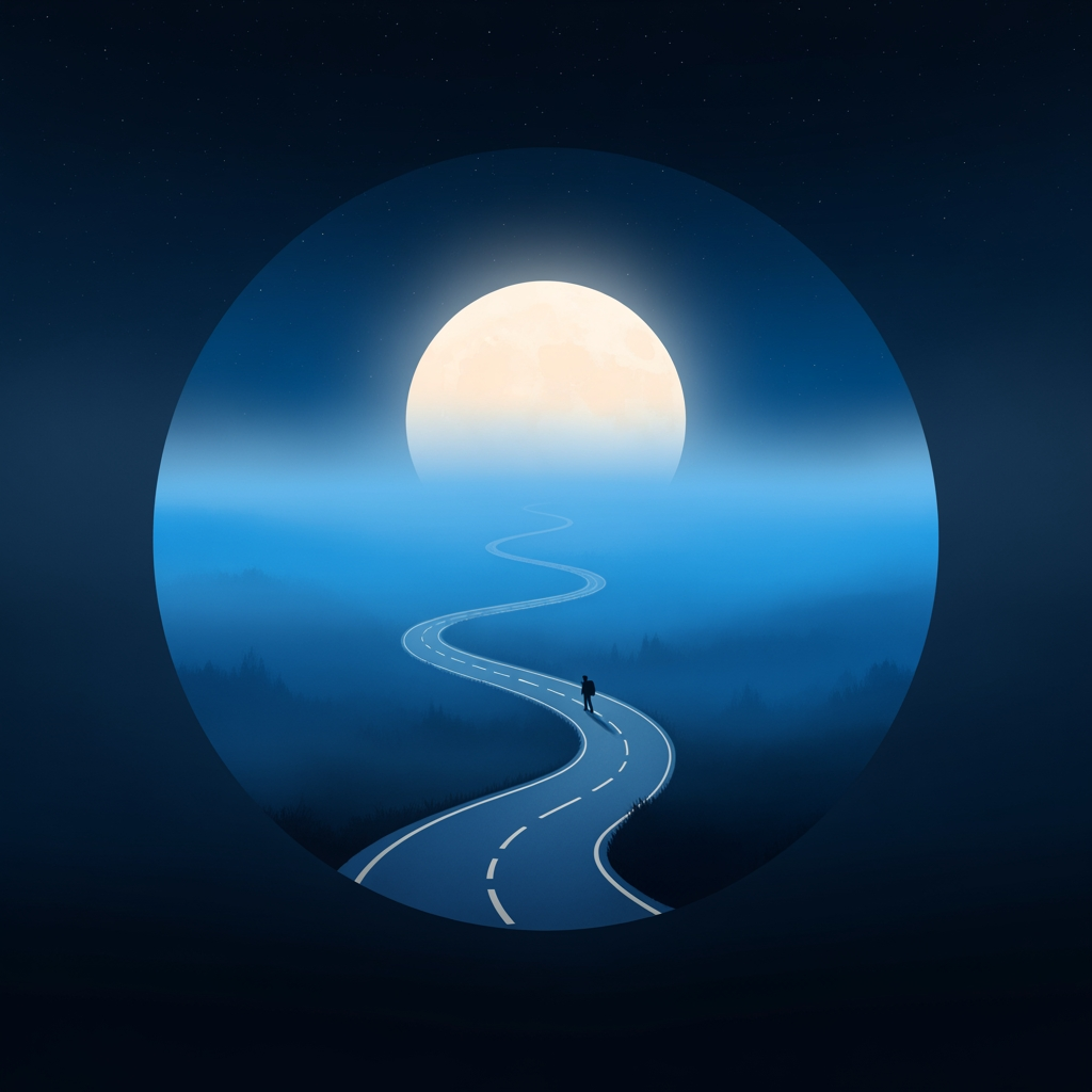 AI Design for Create a minimalist circular logo in a premium cinematic animated style. Inside the circle, a winding road disappears into thick blue mist beneath a large glowing full moon. A tiny traveler walks toward the horizon, creating a sense of mystery and adventure. The background is deep midnight blue with subtle stars and soft fog. Elegant painterly artwork, clean linework, feature-film animation quality, high contrast, simple enough to remain recognizable at small sizes. No text, no border decorations, no watermark, no photorealism, no CGI, no horror elements.