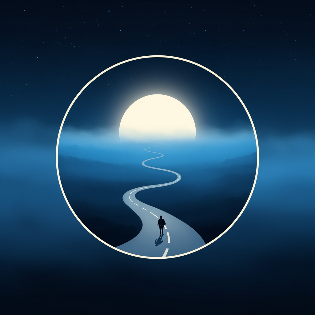 AI Design for Create a minimalist circular logo in a premium cinematic animated style. Inside the circle, a winding road disappears into thick blue mist beneath a large glowing full moon. A tiny traveler walks toward the horizon, creating a sense of mystery and adventure. The background is deep midnight blue with subtle stars and soft fog. Elegant painterly artwork, clean linework, feature-film animation quality, high contrast, simple enough to remain recognizable at small sizes. No text, no border decorations, no watermark, no photorealism, no CGI, no horror elements.