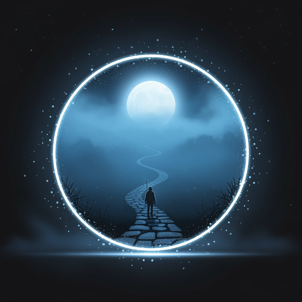 AI Design for Create a minimalist circular logo in a premium cinematic animated feature-film style.

The logo features a glowing mystical portal floating in complete darkness. The portal is perfectly circular and emits a soft blue-white magical glow with subtle floating particles.

Inside the portal is a mysterious landscape: a winding stone path disappearing into thick blue fog beneath a giant glowing full moon. In the far distance stands the silhouette of a lone traveler facing the unknown. The scene should evoke curiosity, adventure, mystery, and endless storytelling.

The background outside the portal is matte black with faint stars and subtle mist. Keep the design clean, elegant, and highly recognizable even at a very small size.

The artwork should be beautifully hand-painted with expressive feature-film animation quality, soft painterly shading, cinematic lighting, volumetric fog, and rich atmospheric depth.

No horror clichés.
No monsters.
No skulls.
No blood.
No text.
No watermark.
No logos.
No borders.

Style requirements:
Premium animated movie frame, painterly illustration, hand-painted background, feature-film animation aesthetic, soft glowing light, elegant composition, dark mystery atmosphere, NOT photorealistic, NOT semi-realistic, NOT CGI, NOT 3D render.