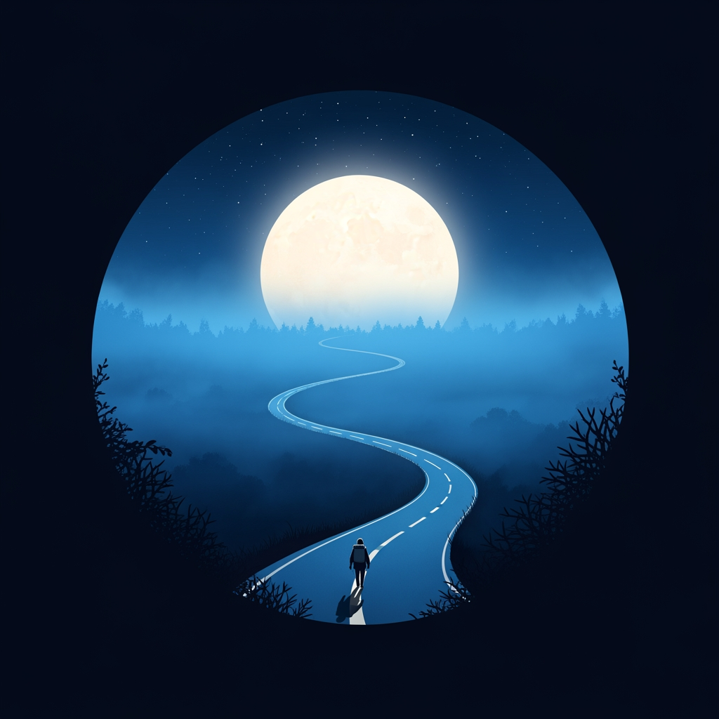 AI Design for Create a minimalist circular logo in a premium cinematic animated style. Inside the circle, a winding road disappears into thick blue mist beneath a large glowing full moon. A tiny traveler walks toward the horizon, creating a sense of mystery and adventure. The background is deep midnight blue with subtle stars and soft fog. Elegant painterly artwork, clean linework, feature-film animation quality, high contrast, simple enough to remain recognizable at small sizes. No text, no border decorations, no watermark, no photorealism, no CGI, no horror elements.