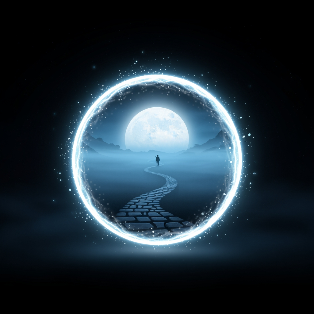 AI Design for Create a minimalist circular logo in a premium cinematic animated feature-film style.

The logo features a glowing mystical portal floating in complete darkness. The portal is perfectly circular and emits a soft blue-white magical glow with subtle floating particles.

Inside the portal is a mysterious landscape: a winding stone path disappearing into thick blue fog beneath a giant glowing full moon. In the far distance stands the silhouette of a lone traveler facing the unknown. The scene should evoke curiosity, adventure, mystery, and endless storytelling.

The background outside the portal is matte black with faint stars and subtle mist. Keep the design clean, elegant, and highly recognizable even at a very small size.

The artwork should be beautifully hand-painted with expressive feature-film animation quality, soft painterly shading, cinematic lighting, volumetric fog, and rich atmospheric depth.

No horror clichés.
No monsters.
No skulls.
No blood.
No text.
No watermark.
No logos.
No borders.

Style requirements:
Premium animated movie frame, painterly illustration, hand-painted background, feature-film animation aesthetic, soft glowing light, elegant composition, dark mystery atmosphere, NOT photorealistic, NOT semi-realistic, NOT CGI, NOT 3D render.