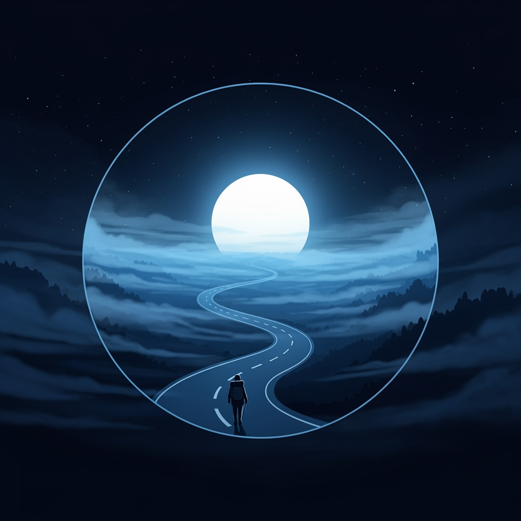 AI Design for Create a minimalist circular logo in a premium cinematic animated style. Inside the circle, a winding road disappears into thick blue mist beneath a large glowing full moon. A tiny traveler walks toward the horizon, creating a sense of mystery and adventure. The background is deep midnight blue with subtle stars and soft fog. Elegant painterly artwork, clean linework, feature-film animation quality, high contrast, simple enough to remain recognizable at small sizes. No text, no border decorations, no watermark, no photorealism, no CGI, no horror elements.