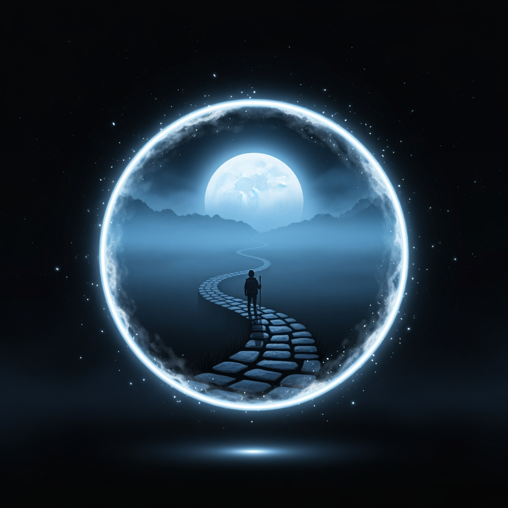 AI Design for Create a minimalist circular logo in a premium cinematic animated feature-film style.

The logo features a glowing mystical portal floating in complete darkness. The portal is perfectly circular and emits a soft blue-white magical glow with subtle floating particles.

Inside the portal is a mysterious landscape: a winding stone path disappearing into thick blue fog beneath a giant glowing full moon. In the far distance stands the silhouette of a lone traveler facing the unknown. The scene should evoke curiosity, adventure, mystery, and endless storytelling.

The background outside the portal is matte black with faint stars and subtle mist. Keep the design clean, elegant, and highly recognizable even at a very small size.

The artwork should be beautifully hand-painted with expressive feature-film animation quality, soft painterly shading, cinematic lighting, volumetric fog, and rich atmospheric depth.

No horror clichés.
No monsters.
No skulls.
No blood.
No text.
No watermark.
No logos.
No borders.

Style requirements:
Premium animated movie frame, painterly illustration, hand-painted background, feature-film animation aesthetic, soft glowing light, elegant composition, dark mystery atmosphere, NOT photorealistic, NOT semi-realistic, NOT CGI, NOT 3D render.
