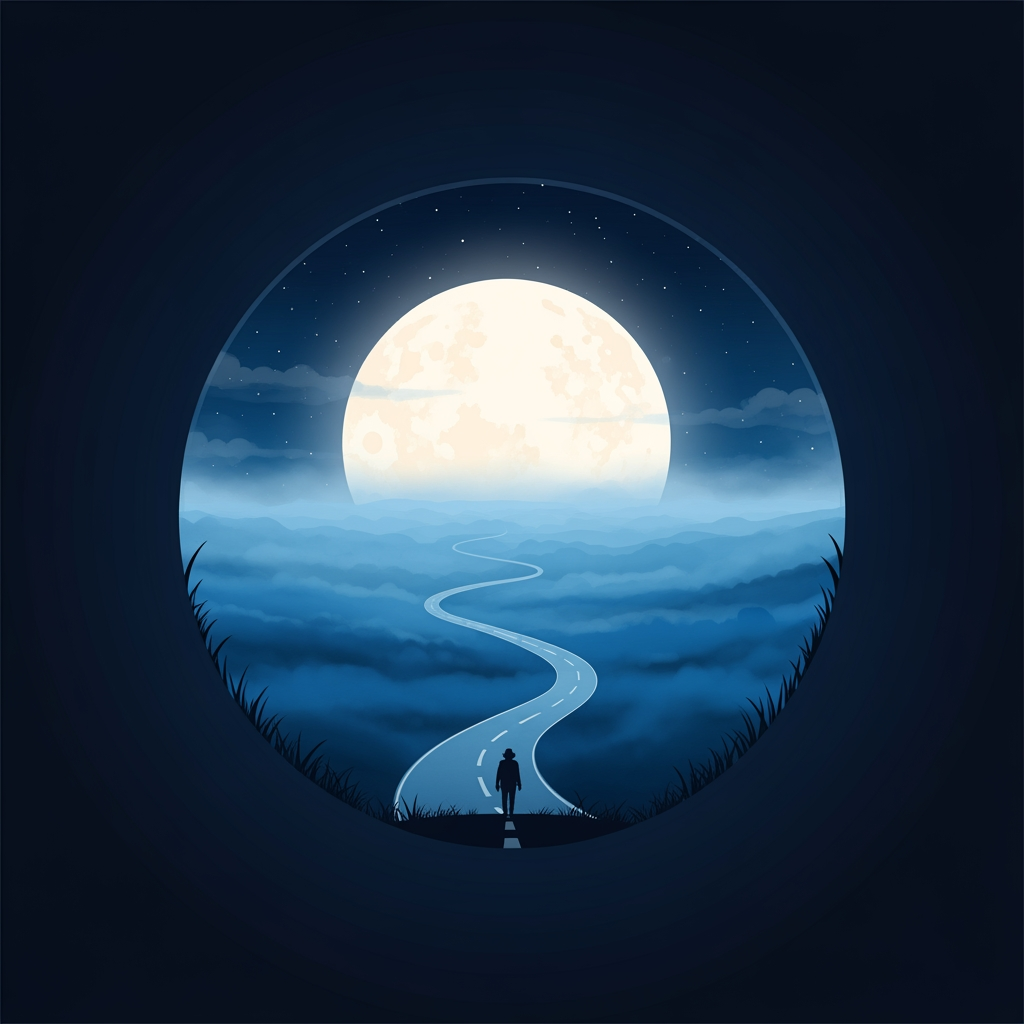 AI Design for Create a minimalist circular logo in a premium cinematic animated style. Inside the circle, a winding road disappears into thick blue mist beneath a large glowing full moon. A tiny traveler walks toward the horizon, creating a sense of mystery and adventure. The background is deep midnight blue with subtle stars and soft fog. Elegant painterly artwork, clean linework, feature-film animation quality, high contrast, simple enough to remain recognizable at small sizes. No text, no border decorations, no watermark, no photorealism, no CGI, no horror elements.