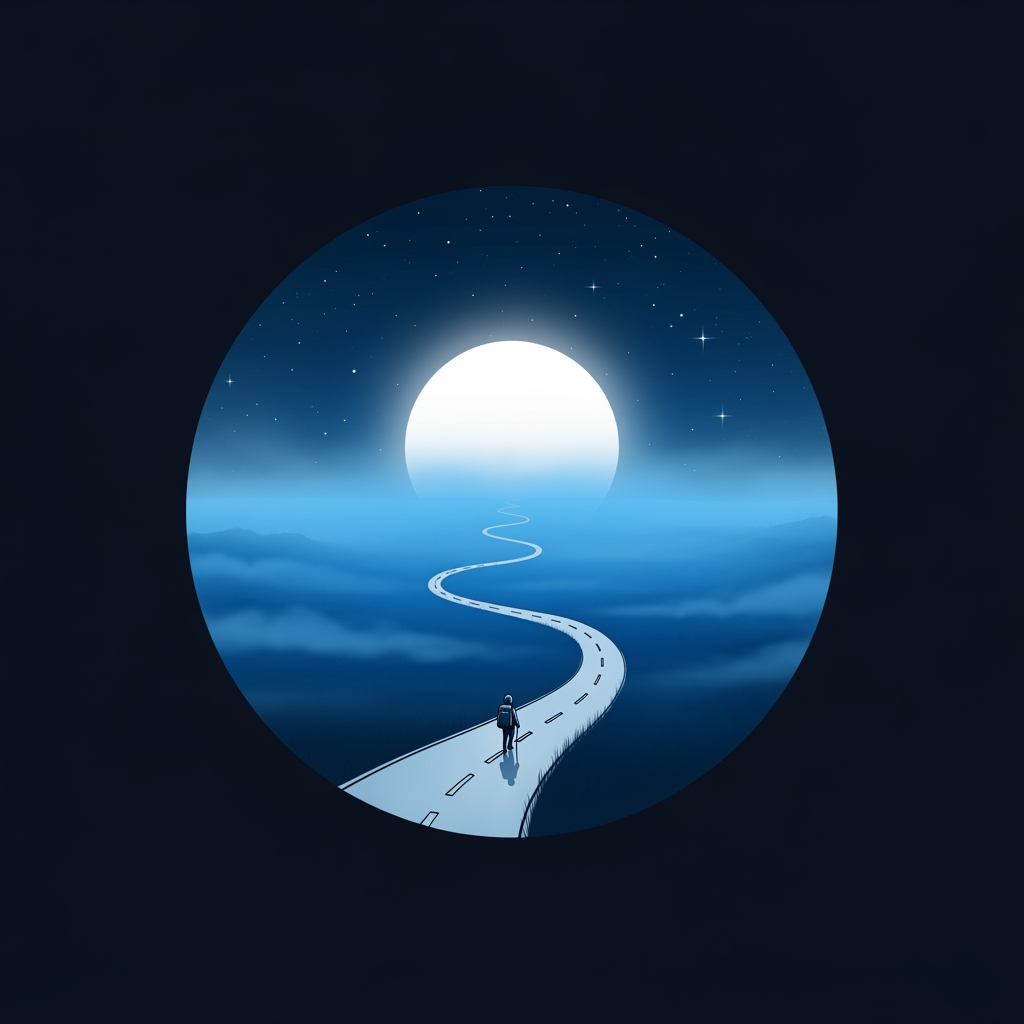 AI Design for Create a minimalist circular logo in a premium cinematic animated style. Inside the circle, a winding road disappears into thick blue mist beneath a large glowing full moon. A tiny traveler walks toward the horizon, creating a sense of mystery and adventure. The background is deep midnight blue with subtle stars and soft fog. Elegant painterly artwork, clean linework, feature-film animation quality, high contrast, simple enough to remain recognizable at small sizes. No text, no border decorations, no watermark, no photorealism, no CGI, no horror elements.