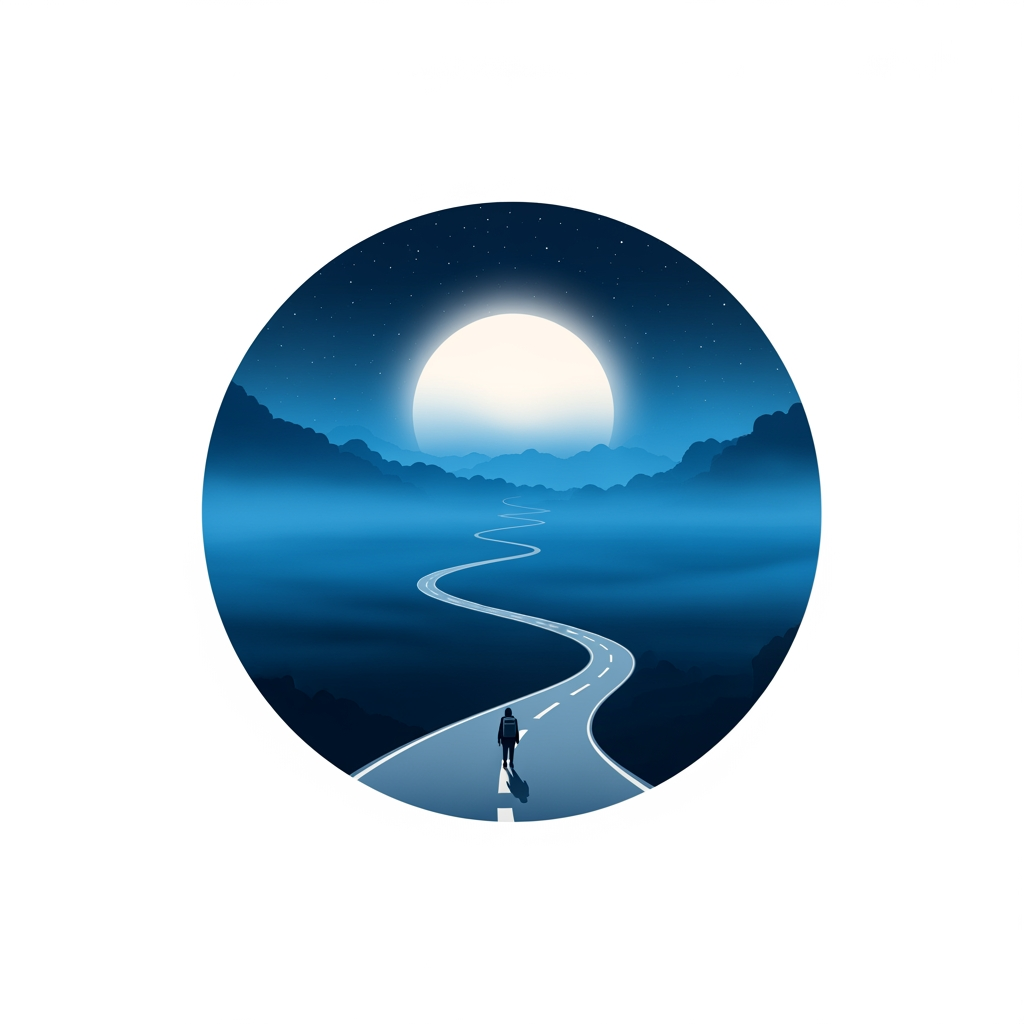 AI Design for Create a minimalist circular logo in a premium cinematic animated style. Inside the circle, a winding road disappears into thick blue mist beneath a large glowing full moon. A tiny traveler walks toward the horizon, creating a sense of mystery and adventure. The background is deep midnight blue with subtle stars and soft fog. Elegant painterly artwork, clean linework, feature-film animation quality, high contrast, simple enough to remain recognizable at small sizes. No text, no border decorations, no watermark, no photorealism, no CGI, no horror elements.