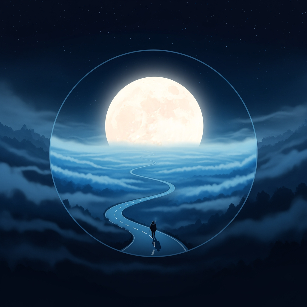 AI Design for Create a minimalist circular logo in a premium cinematic animated style. Inside the circle, a winding road disappears into thick blue mist beneath a large glowing full moon. A tiny traveler walks toward the horizon, creating a sense of mystery and adventure. The background is deep midnight blue with subtle stars and soft fog. Elegant painterly artwork, clean linework, feature-film animation quality, high contrast, simple enough to remain recognizable at small sizes. No text, no border decorations, no watermark, no photorealism, no CGI, no horror elements.