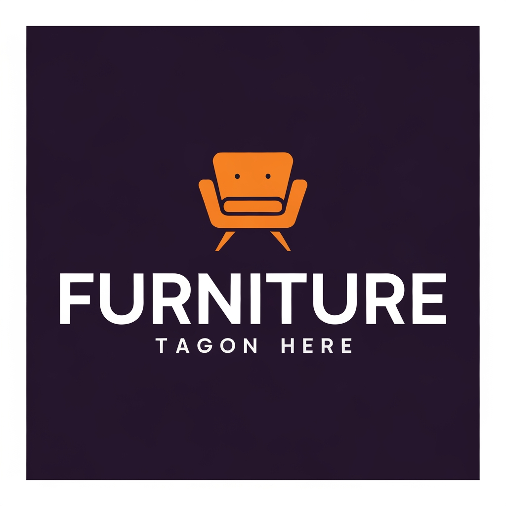 AI Design for Minimalist modern furniture logo, orange abstract mid-century armchair icon above the word "FURNITURE" in bold futuristic white uppercase typography, dark purple background, clean flat vector design, simple geometric shapes, professional furniture brand logo, SVG style, no gradients, no shadows.