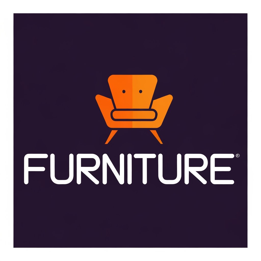 AI Design for Minimalist modern furniture logo, orange abstract mid-century armchair icon above the word "FURNITURE" in bold futuristic white uppercase typography, dark purple background, clean flat vector design, simple geometric shapes, professional furniture brand logo, SVG style, no gradients, no shadows.