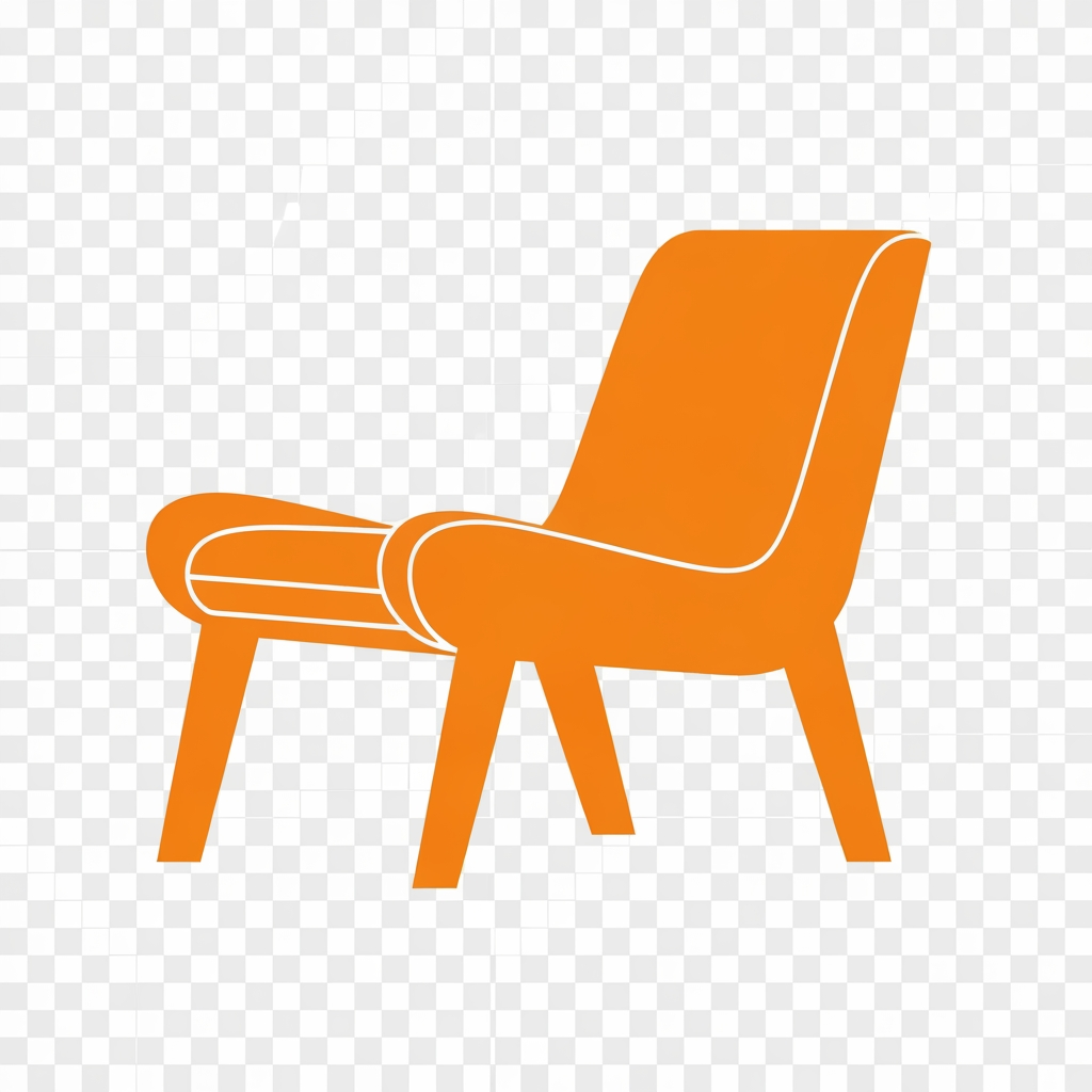 AI Design for Minimalist orange modern lounge chair, abstract mid-century furniture design, smooth curved silhouette, simple flat vector shape, clean edges, no text, no background, transparent background, SVG style.
