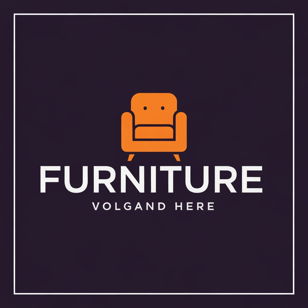 AI Design for Minimalist modern furniture logo, orange abstract mid-century armchair icon above the word "FURNITURE" in bold futuristic white uppercase typography, dark purple background, clean flat vector design, simple geometric shapes, professional furniture brand logo, SVG style, no gradients, no shadows.