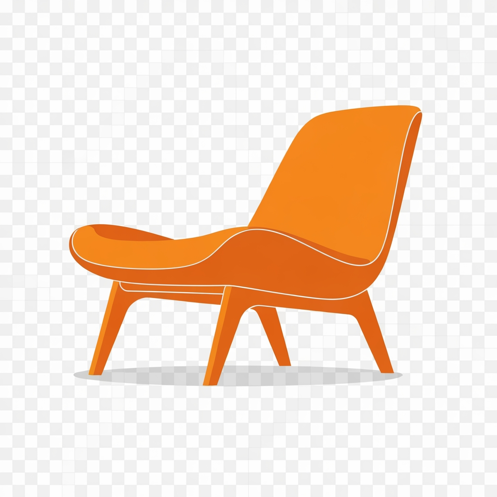 AI Design for Minimalist orange modern lounge chair, abstract mid-century furniture design, smooth curved silhouette, simple flat vector shape, clean edges, no text, no background, transparent background, SVG style.