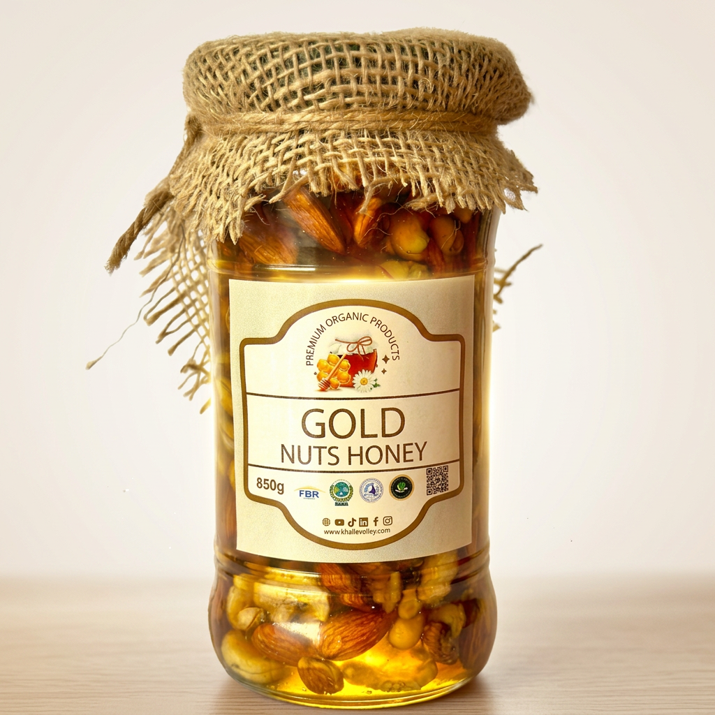 AI Design for "Premium organic jar of Gold Nuts Honey, rustic burlap cloth tied on top, close‑up shot with golden glow, clean background, product label clearly visible, highlighting honey and mixed nuts inside, luxury and healthy lifestyle vibe."