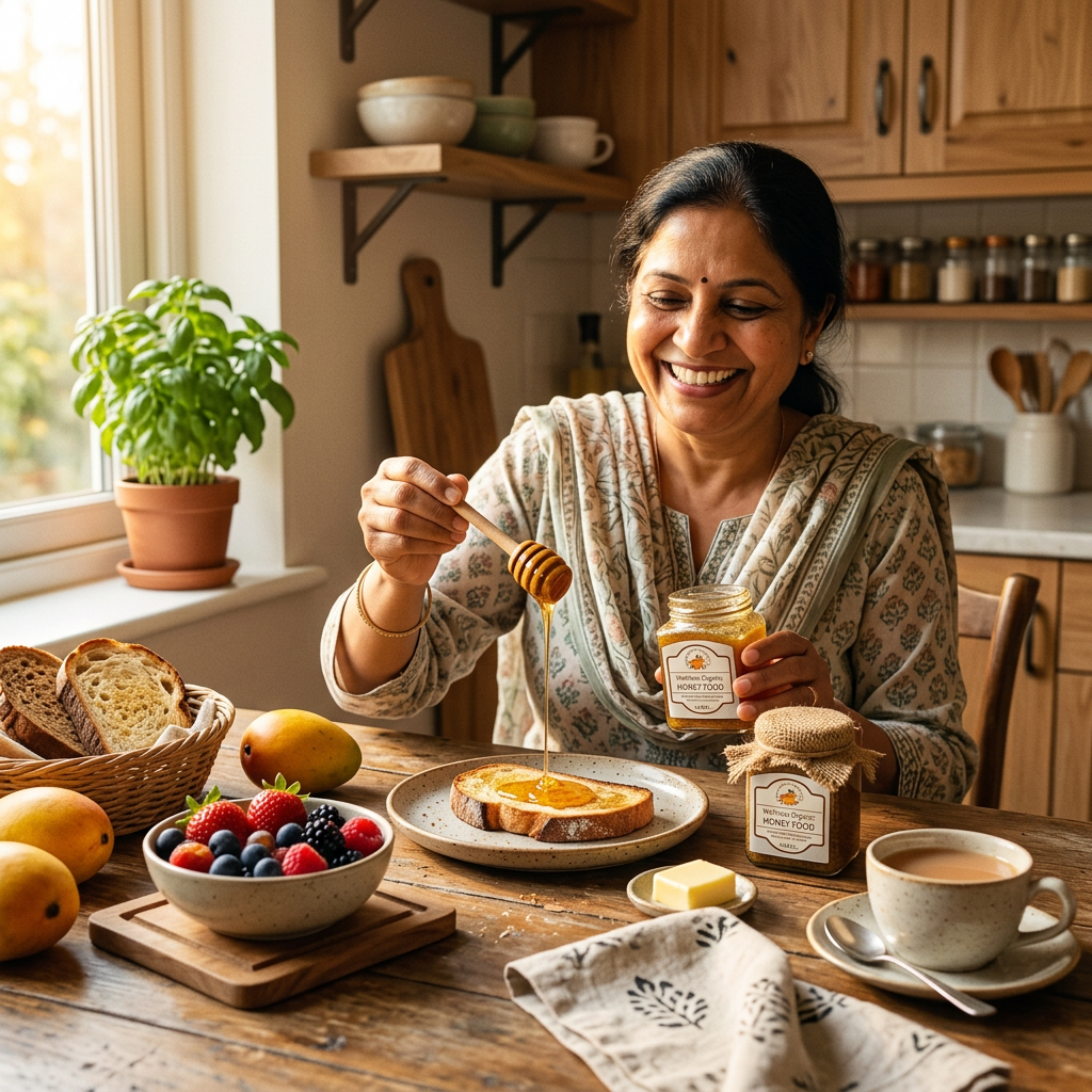 AI Design for "A warm, sunny home kitchen scene in the morning. A smiling Indian woman at the breakfast table holding a wooden honey dipper, drizzling golden honey from a glass jar onto toast. Fresh fruits and healthy breakfast on the table. Natural organic lifestyle vibe, soft lighting, realistic photography style, square 1:1 format."