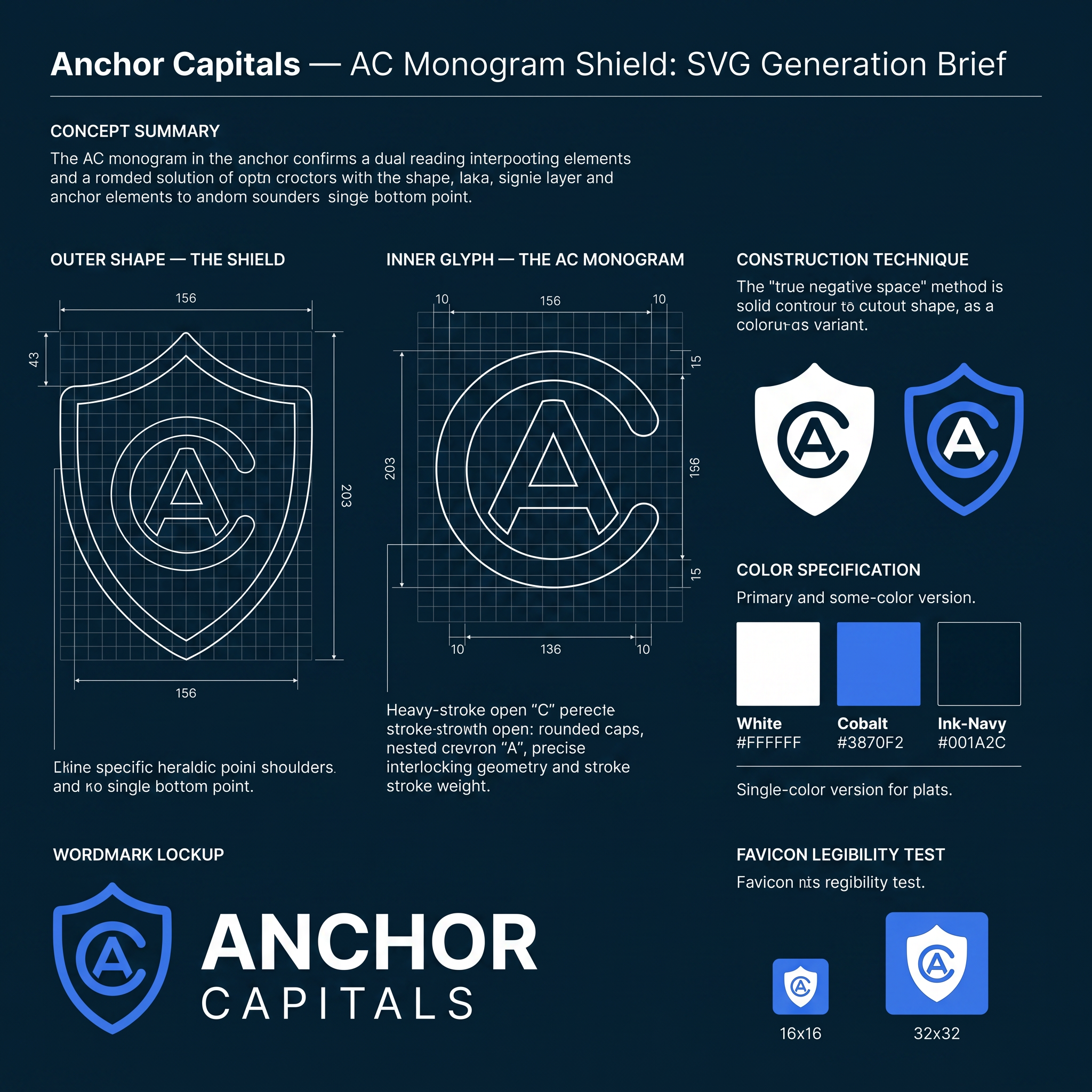 AI Design for # Anchor Capitals — AC Monogram Shield: SVG Generation Brief
Use this as a direct prompt for an SVG-generating tool, or as a creative brief for a designer. It fully specifies geometry, construction logic, and color so the result is reproducible, not left to interpretation.
---
## Concept summary
Design a single emblem for the brand **Anchor Capitals** — a shield-shaped mark containing one continuous glyph that reads simultaneously as the letters **A** and **C**, and as an anchor's ring and crown. The technique: one shape, multiple readings — the same principle as a maritime crest where the inner icon doubles as a boat hull, an anchor, and a letterform depending on how you look at it. Here, the two readings that matter are the brand's initials (A, C) and the maritime/stability metaphor (anchor ring, anchor point).
## Outer shape — the shield
- Heraldic crest silhouette: a "twin-peak" top edge — two shoulder peaks meeting at a shallow center dip (not a flat top, not a single point) — curving down through rounded shoulders, running in relatively straight sides, then tapering to a single sharp point at the bottom center.
- Proportions: roughly 0.77 width-to-height (e.g. 156 wide × 203 tall in a 200-unit local grid).
- Rendered as a solid silhouette fill — no outline stroke. This shield is a container, not a frame.
## Inner glyph — the AC monogram
This is the part that has to be exact, not approximated:
- **The "C"**: an open ring — roughly 280° of a circle, opening toward the right at about a 70–80° gap. Drawn as a single thick stroke with rounded caps at both open terminals (not a closed donut shape — it must read as an open letter C, terminals visible).
- **The "A"**: a simple chevron / peak — a single upward-pointing "^" with two legs descending from the apex, no crossbar (matching a minimal, geometric "A" treatment, not a full architectural A). Rounded join at the apex, rounded caps at both leg ends.
- **The fusion**: nest the chevron inside the C's open mouth so the chevron's two leg-ends sit close to — almost touching — the C's two open terminals. The two shapes should not simply sit side by side; they should share the same visual space, same stroke weight, same optical center, so the eye reads one interlocked mark, not two separate icons placed near each other.
- Stroke weight: heavy — roughly 16 units on a 200-unit grid (≈8% of the shield's width). This isn't optional; thin strokes will not survive the favicon-scale legibility test below.
- Center the whole glyph inside the shield's interior, with roughly equal margin on all sides.
## Construction technique
Two acceptable methods, in order of preference:
1. **Preferred — true negative space**: One compound path using the even-odd fill rule, where the shield is the outer contour and the C+chevron strokes are cut as holes through it. This is what makes the mark work as a single flat color (a stamp, a favicon, an embossed seal) — critical, don't skip this if the deliverable needs to scale down or print in one color.
2. **Acceptable for a colored variant**: Solid shield fill in one color, with the C+chevron drawn on top in a second color (not cut out, just layered). Use this only for the full-color brand version, not for the single-color/stamp version.
## Color specification
- **Primary full-color lockup**: shield fill white `#FFFFFF`; C+chevron glyph in cobalt `#3870F2`; presented on an ink-navy `#001A2C` background.
- **Single-color variants required**: solid `#001A2C` (or pure black) version for light backgrounds; solid white version for dark backgrounds and for use as a favicon/stamp. These must use the true negative-space construction (method 1 above), not layered colors.
- No gradients, no drop shadows, no glow effects, anywhere, in any variant.
## Wordmark lockup
Pair the icon with the wordmark in a horizontal lockup (icon left, text right, vertically centered against the icon's height):
- Line 1: **ANCHOR** — bold/heavy weight, tracked letter-spacing, larger size.
- Line 2: **CAPITALS** — regular/medium weight, wider tracked letter-spacing, smaller size, positioned directly below line 1.
- Typeface: geometric sans — Plus Jakarta Sans preferred (brand typeface), Arial/Helvetica acceptable as fallback.
- All caps on both lines.
## Deliverable requirements
- Format: SVG, vector paths only. No raster fills, no filters, no embedded images.
- Must remain legible and distinguishable as both letters at 16×16px (browser favicon scale) — test this explicitly before finalizing stroke weights or the C's gap angle.
- Required variants: icon-only (square, for app icons/favicons), horizontal lockup (icon + wordmark), and at minimum one single-color version per the color spec above.
- Flat design throughout: no gradients, no shadows, no bevels, no glow. Rounded caps and joins on all glyph strokes; consistent corner treatment if any rectangles are used elsewhere in the lockup.
## Open variables (resolve before final production)
- C's opening angle: currently specified facing right. An alternative is opening downward, which lets the A's apex point straight up through the gap rather than at a diagonal — test both before locking.
- Stroke weight could be reduced for a more refined feel, at some cost to small-size legibility — only adjust after the favicon test passes at the heavier weight first.