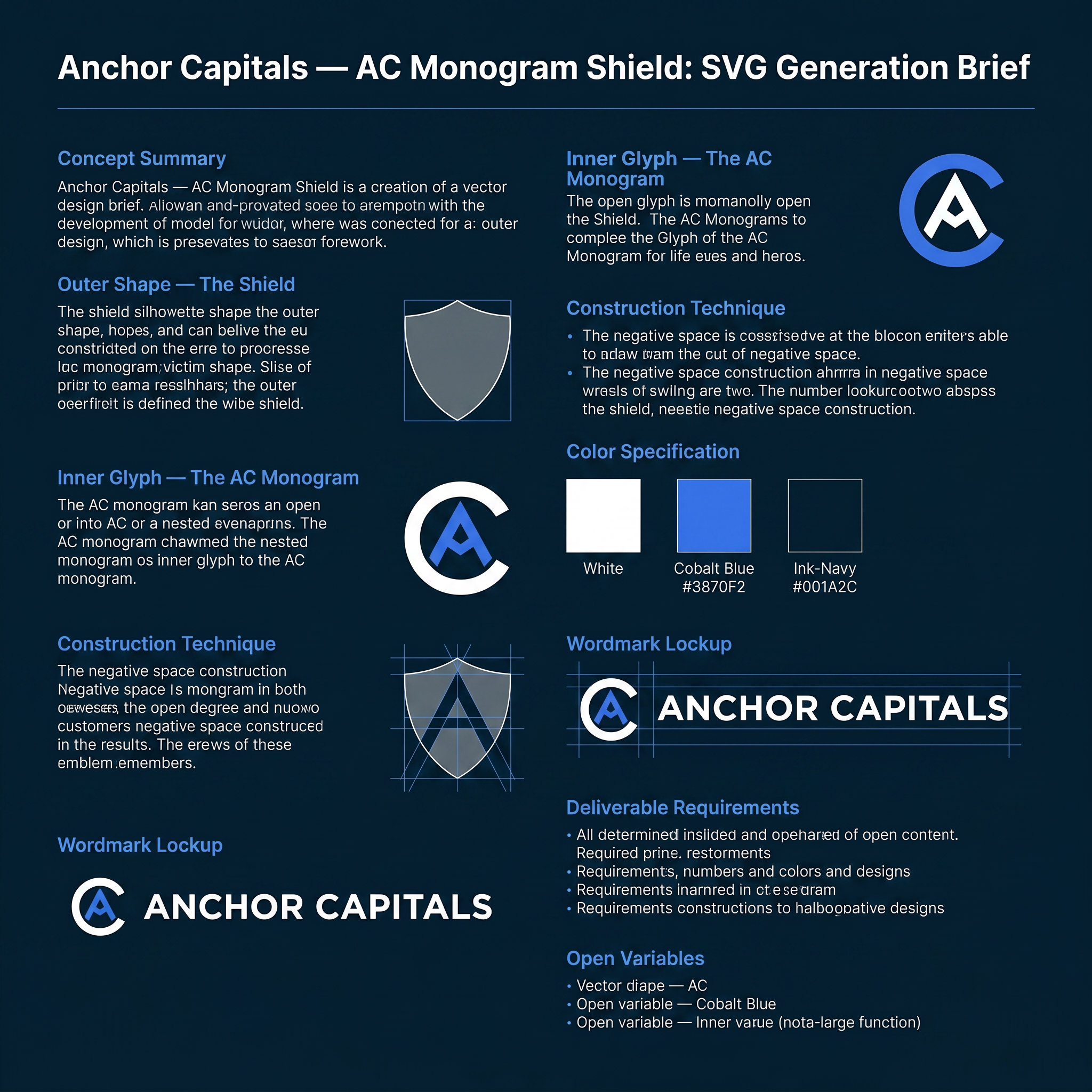 AI Design for # Anchor Capitals — AC Monogram Shield: SVG Generation Brief
Use this as a direct prompt for an SVG-generating tool, or as a creative brief for a designer. It fully specifies geometry, construction logic, and color so the result is reproducible, not left to interpretation.
---
## Concept summary
Design a single emblem for the brand **Anchor Capitals** — a shield-shaped mark containing one continuous glyph that reads simultaneously as the letters **A** and **C**, and as an anchor's ring and crown. The technique: one shape, multiple readings — the same principle as a maritime crest where the inner icon doubles as a boat hull, an anchor, and a letterform depending on how you look at it. Here, the two readings that matter are the brand's initials (A, C) and the maritime/stability metaphor (anchor ring, anchor point).
## Outer shape — the shield
- Heraldic crest silhouette: a "twin-peak" top edge — two shoulder peaks meeting at a shallow center dip (not a flat top, not a single point) — curving down through rounded shoulders, running in relatively straight sides, then tapering to a single sharp point at the bottom center.
- Proportions: roughly 0.77 width-to-height (e.g. 156 wide × 203 tall in a 200-unit local grid).
- Rendered as a solid silhouette fill — no outline stroke. This shield is a container, not a frame.
## Inner glyph — the AC monogram
This is the part that has to be exact, not approximated:
- **The "C"**: an open ring — roughly 280° of a circle, opening toward the right at about a 70–80° gap. Drawn as a single thick stroke with rounded caps at both open terminals (not a closed donut shape — it must read as an open letter C, terminals visible).
- **The "A"**: a simple chevron / peak — a single upward-pointing "^" with two legs descending from the apex, no crossbar (matching a minimal, geometric "A" treatment, not a full architectural A). Rounded join at the apex, rounded caps at both leg ends.
- **The fusion**: nest the chevron inside the C's open mouth so the chevron's two leg-ends sit close to — almost touching — the C's two open terminals. The two shapes should not simply sit side by side; they should share the same visual space, same stroke weight, same optical center, so the eye reads one interlocked mark, not two separate icons placed near each other.
- Stroke weight: heavy — roughly 16 units on a 200-unit grid (≈8% of the shield's width). This isn't optional; thin strokes will not survive the favicon-scale legibility test below.
- Center the whole glyph inside the shield's interior, with roughly equal margin on all sides.
## Construction technique
Two acceptable methods, in order of preference:
1. **Preferred — true negative space**: One compound path using the even-odd fill rule, where the shield is the outer contour and the C+chevron strokes are cut as holes through it. This is what makes the mark work as a single flat color (a stamp, a favicon, an embossed seal) — critical, don't skip this if the deliverable needs to scale down or print in one color.
2. **Acceptable for a colored variant**: Solid shield fill in one color, with the C+chevron drawn on top in a second color (not cut out, just layered). Use this only for the full-color brand version, not for the single-color/stamp version.
## Color specification
- **Primary full-color lockup**: shield fill white `#FFFFFF`; C+chevron glyph in cobalt `#3870F2`; presented on an ink-navy `#001A2C` background.
- **Single-color variants required**: solid `#001A2C` (or pure black) version for light backgrounds; solid white version for dark backgrounds and for use as a favicon/stamp. These must use the true negative-space construction (method 1 above), not layered colors.
- No gradients, no drop shadows, no glow effects, anywhere, in any variant.
## Wordmark lockup
Pair the icon with the wordmark in a horizontal lockup (icon left, text right, vertically centered against the icon's height):
- Line 1: **ANCHOR** — bold/heavy weight, tracked letter-spacing, larger size.
- Line 2: **CAPITALS** — regular/medium weight, wider tracked letter-spacing, smaller size, positioned directly below line 1.
- Typeface: geometric sans — Plus Jakarta Sans preferred (brand typeface), Arial/Helvetica acceptable as fallback.
- All caps on both lines.
## Deliverable requirements
- Format: SVG, vector paths only. No raster fills, no filters, no embedded images.
- Must remain legible and distinguishable as both letters at 16×16px (browser favicon scale) — test this explicitly before finalizing stroke weights or the C's gap angle.
- Required variants: icon-only (square, for app icons/favicons), horizontal lockup (icon + wordmark), and at minimum one single-color version per the color spec above.
- Flat design throughout: no gradients, no shadows, no bevels, no glow. Rounded caps and joins on all glyph strokes; consistent corner treatment if any rectangles are used elsewhere in the lockup.
## Open variables (resolve before final production)
- C's opening angle: currently specified facing right. An alternative is opening downward, which lets the A's apex point straight up through the gap rather than at a diagonal — test both before locking.
- Stroke weight could be reduced for a more refined feel, at some cost to small-size legibility — only adjust after the favicon test passes at the heavier weight first.