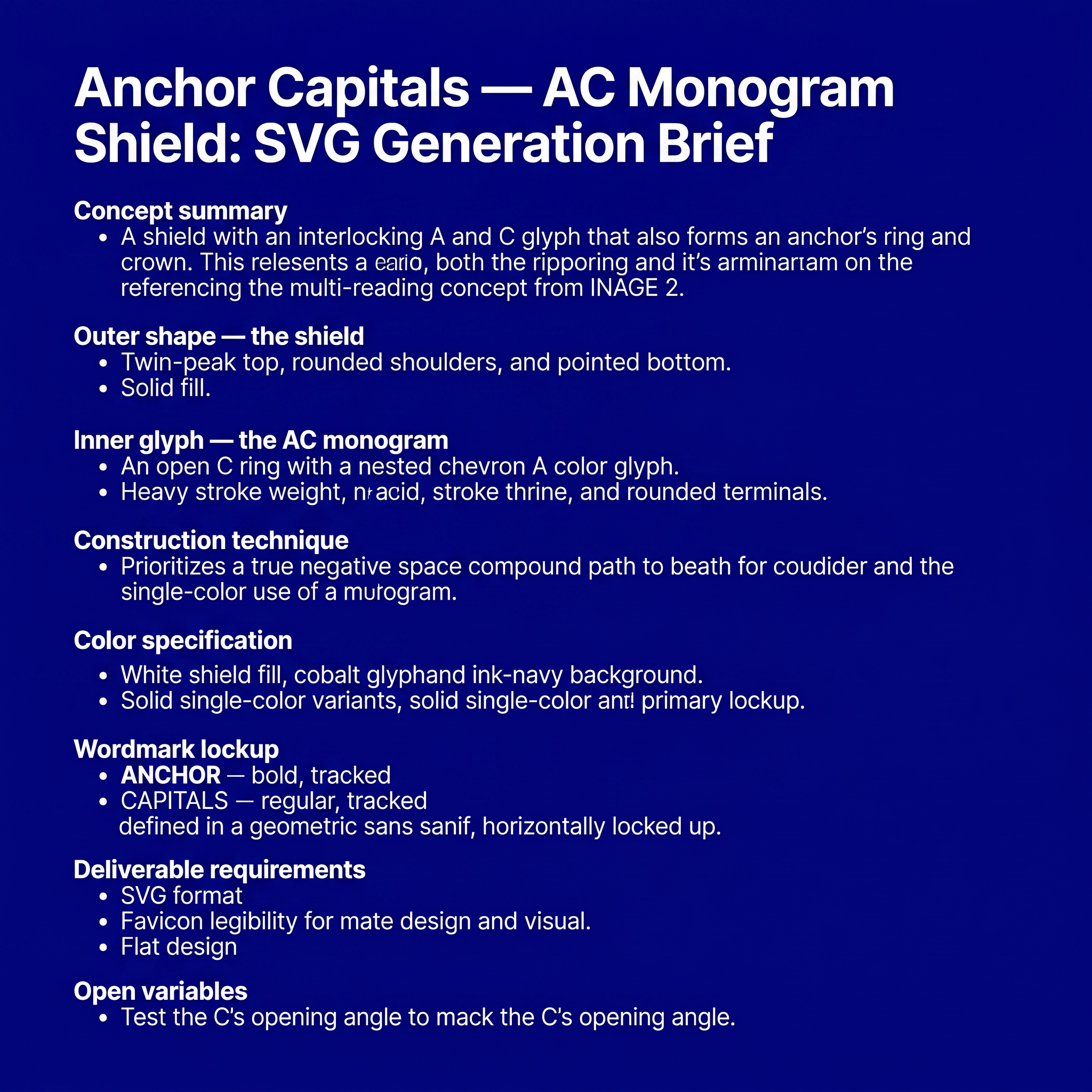AI Design for # Anchor Capitals — AC Monogram Shield: SVG Generation Brief
Use this as a direct prompt for an SVG-generating tool, or as a creative brief for a designer. It fully specifies geometry, construction logic, and color so the result is reproducible, not left to interpretation.
---
## Concept summary
Design a single emblem for the brand **Anchor Capitals** — a shield-shaped mark containing one continuous glyph that reads simultaneously as the letters **A** and **C**, and as an anchor's ring and crown. The technique: one shape, multiple readings — the same principle as a maritime crest where the inner icon doubles as a boat hull, an anchor, and a letterform depending on how you look at it. Here, the two readings that matter are the brand's initials (A, C) and the maritime/stability metaphor (anchor ring, anchor point).
## Outer shape — the shield
- Heraldic crest silhouette: a "twin-peak" top edge — two shoulder peaks meeting at a shallow center dip (not a flat top, not a single point) — curving down through rounded shoulders, running in relatively straight sides, then tapering to a single sharp point at the bottom center.
- Proportions: roughly 0.77 width-to-height (e.g. 156 wide × 203 tall in a 200-unit local grid).
- Rendered as a solid silhouette fill — no outline stroke. This shield is a container, not a frame.
## Inner glyph — the AC monogram
This is the part that has to be exact, not approximated:
- **The "C"**: an open ring — roughly 280° of a circle, opening toward the right at about a 70–80° gap. Drawn as a single thick stroke with rounded caps at both open terminals (not a closed donut shape — it must read as an open letter C, terminals visible).
- **The "A"**: a simple chevron / peak — a single upward-pointing "^" with two legs descending from the apex, no crossbar (matching a minimal, geometric "A" treatment, not a full architectural A). Rounded join at the apex, rounded caps at both leg ends.
- **The fusion**: nest the chevron inside the C's open mouth so the chevron's two leg-ends sit close to — almost touching — the C's two open terminals. The two shapes should not simply sit side by side; they should share the same visual space, same stroke weight, same optical center, so the eye reads one interlocked mark, not two separate icons placed near each other.
- Stroke weight: heavy — roughly 16 units on a 200-unit grid (≈8% of the shield's width). This isn't optional; thin strokes will not survive the favicon-scale legibility test below.
- Center the whole glyph inside the shield's interior, with roughly equal margin on all sides.
## Construction technique
Two acceptable methods, in order of preference:
1. **Preferred — true negative space**: One compound path using the even-odd fill rule, where the shield is the outer contour and the C+chevron strokes are cut as holes through it. This is what makes the mark work as a single flat color (a stamp, a favicon, an embossed seal) — critical, don't skip this if the deliverable needs to scale down or print in one color.
2. **Acceptable for a colored variant**: Solid shield fill in one color, with the C+chevron drawn on top in a second color (not cut out, just layered). Use this only for the full-color brand version, not for the single-color/stamp version.
## Color specification
- **Primary full-color lockup**: shield fill white `#FFFFFF`; C+chevron glyph in cobalt `#3870F2`; presented on an ink-navy `#001A2C` background.
- **Single-color variants required**: solid `#001A2C` (or pure black) version for light backgrounds; solid white version for dark backgrounds and for use as a favicon/stamp. These must use the true negative-space construction (method 1 above), not layered colors.
- No gradients, no drop shadows, no glow effects, anywhere, in any variant.
## Wordmark lockup
Pair the icon with the wordmark in a horizontal lockup (icon left, text right, vertically centered against the icon's height):
- Line 1: **ANCHOR** — bold/heavy weight, tracked letter-spacing, larger size.
- Line 2: **CAPITALS** — regular/medium weight, wider tracked letter-spacing, smaller size, positioned directly below line 1.
- Typeface: geometric sans — Plus Jakarta Sans preferred (brand typeface), Arial/Helvetica acceptable as fallback.
- All caps on both lines.
## Deliverable requirements
- Format: SVG, vector paths only. No raster fills, no filters, no embedded images.
- Must remain legible and distinguishable as both letters at 16×16px (browser favicon scale) — test this explicitly before finalizing stroke weights or the C's gap angle.
- Required variants: icon-only (square, for app icons/favicons), horizontal lockup (icon + wordmark), and at minimum one single-color version per the color spec above.
- Flat design throughout: no gradients, no shadows, no bevels, no glow. Rounded caps and joins on all glyph strokes; consistent corner treatment if any rectangles are used elsewhere in the lockup.
## Open variables (resolve before final production)
- C's opening angle: currently specified facing right. An alternative is opening downward, which lets the A's apex point straight up through the gap rather than at a diagonal — test both before locking.
- Stroke weight could be reduced for a more refined feel, at some cost to small-size legibility — only adjust after the favicon test passes at the heavier weight first.