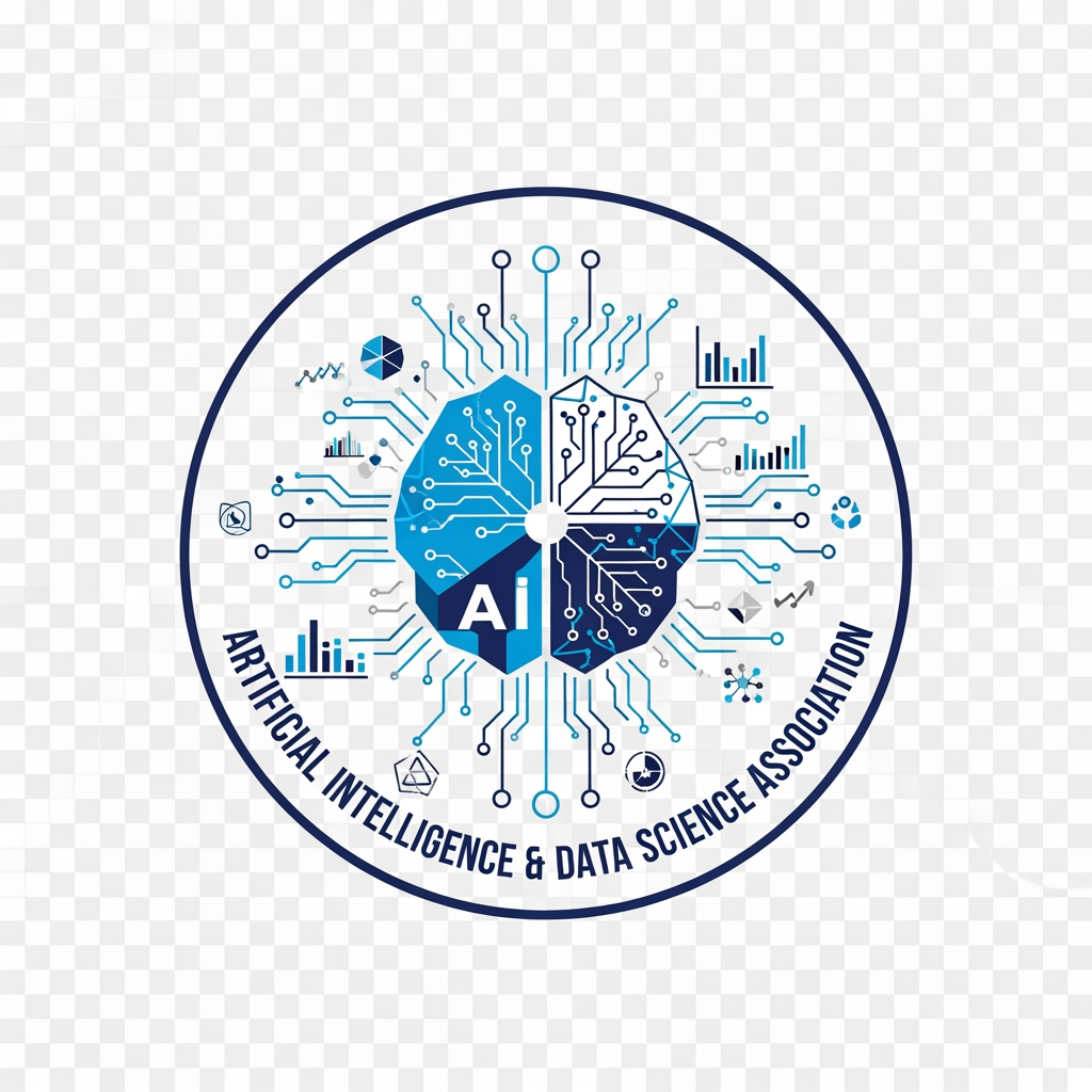 AI Design for Design a modern, premium, vector-style logo for the "Artificial Intelligence and Data Science Association" of an engineering college. The logo should be circular and suitable for official use on certificates, ID cards, T-shirts, websites, and banners. In the center, create a unique emblem that combines an AI brain, neural network, circuit lines, and data visualization elements, symbolizing Artificial Intelligence, Machine Learning, Deep Learning, Big Data, and innovation. Integrate subtle geometric connections, digital nodes, and futuristic technology patterns. Surround the emblem with a clean circular border containing the text "ARTIFICIAL INTELLIGENCE & DATA SCIENCE ASSOCIATION". Use a professional color palette of royal blue, navy blue, cyan, white, and silver. The design should be minimalist, symmetrical, and highly scalable with crisp vector lines, flat design, no gradients, no 3D effects, no mockup, transparent background, and an official university association appearance. The logo should look timeless, elegant, and internationally professional.