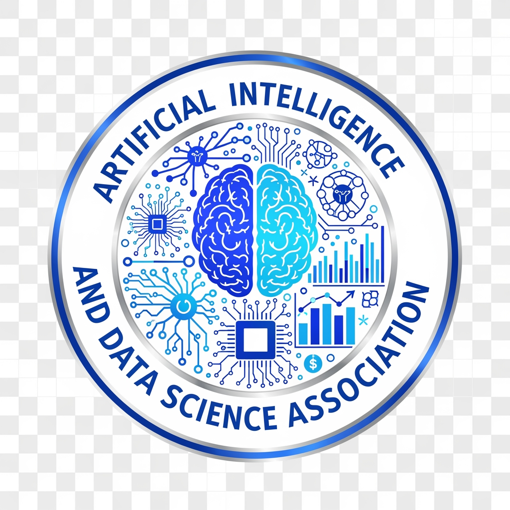 AI Design for Create a world-class emblem logo for an Artificial Intelligence and Data Science Association. The central icon should creatively merge a human brain, artificial neural networks, microchip circuitry, digital nodes, binary patterns, and data analytics graphs into a single harmonious symbol. The logo must represent intelligence, innovation, research, machine learning, deep learning, robotics, automation, and data science. Use a circular badge with a clean academic style, balanced symmetry, and premium vector quality. Include the association name around the border in bold modern typography. Colors should be royal blue, electric blue, cyan, silver, and white. Flat vector illustration, transparent background, minimal, futuristic, official engineering college association logo, award-winning design, Adobe Illustrator style, high detail, SVG-quality.