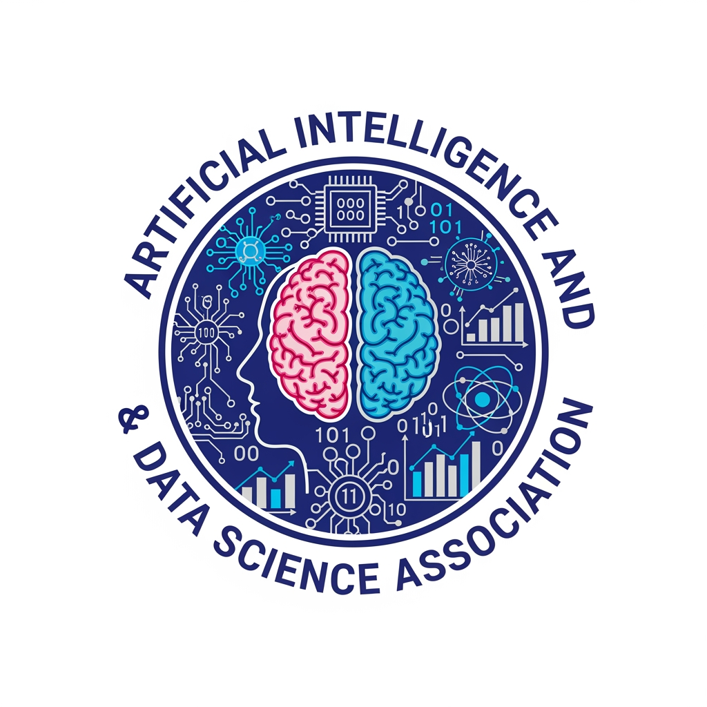 AI Design for Create a world-class emblem logo for an Artificial Intelligence and Data Science Association. The central icon should creatively merge a human brain, artificial neural networks, microchip circuitry, digital nodes, binary patterns, and data analytics graphs into a single harmonious symbol. The logo must represent intelligence, innovation, research, machine learning, deep learning, robotics, automation, and data science. Use a circular badge with a clean academic style, balanced symmetry, and premium vector quality. Include the association name around the border in bold modern typography. Colors should be royal blue, electric blue, cyan, silver, and white. Flat vector illustration, transparent background, minimal, futuristic, official engineering college association logo, award-winning design, Adobe Illustrator style, high detail, SVG-quality.