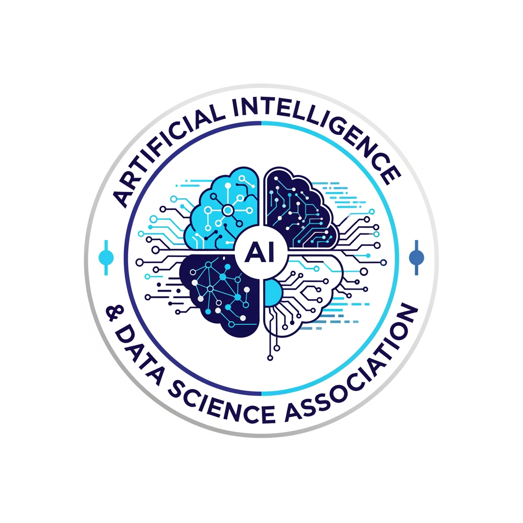 AI Design for Design a modern, premium, vector-style logo for the "Artificial Intelligence and Data Science Association" of an engineering college. The logo should be circular and suitable for official use on certificates, ID cards, T-shirts, websites, and banners. In the center, create a unique emblem that combines an AI brain, neural network, circuit lines, and data visualization elements, symbolizing Artificial Intelligence, Machine Learning, Deep Learning, Big Data, and innovation. Integrate subtle geometric connections, digital nodes, and futuristic technology patterns. Surround the emblem with a clean circular border containing the text "ARTIFICIAL INTELLIGENCE & DATA SCIENCE ASSOCIATION". Use a professional color palette of royal blue, navy blue, cyan, white, and silver. The design should be minimalist, symmetrical, and highly scalable with crisp vector lines, flat design, no gradients, no 3D effects, no mockup, transparent background, and an official university association appearance. The logo should look timeless, elegant, and internationally professional.