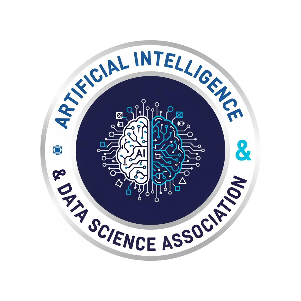 AI Design for Design a modern, premium, vector-style logo for the "Artificial Intelligence and Data Science Association" of an engineering college. The logo should be circular and suitable for official use on certificates, ID cards, T-shirts, websites, and banners. In the center, create a unique emblem that combines an AI brain, neural network, circuit lines, and data visualization elements, symbolizing Artificial Intelligence, Machine Learning, Deep Learning, Big Data, and innovation. Integrate subtle geometric connections, digital nodes, and futuristic technology patterns. Surround the emblem with a clean circular border containing the text "ARTIFICIAL INTELLIGENCE & DATA SCIENCE ASSOCIATION". Use a professional color palette of royal blue, navy blue, cyan, white, and silver. The design should be minimalist, symmetrical, and highly scalable with crisp vector lines, flat design, no gradients, no 3D effects, no mockup, transparent background, and an official university association appearance. The logo should look timeless, elegant, and internationally professional.