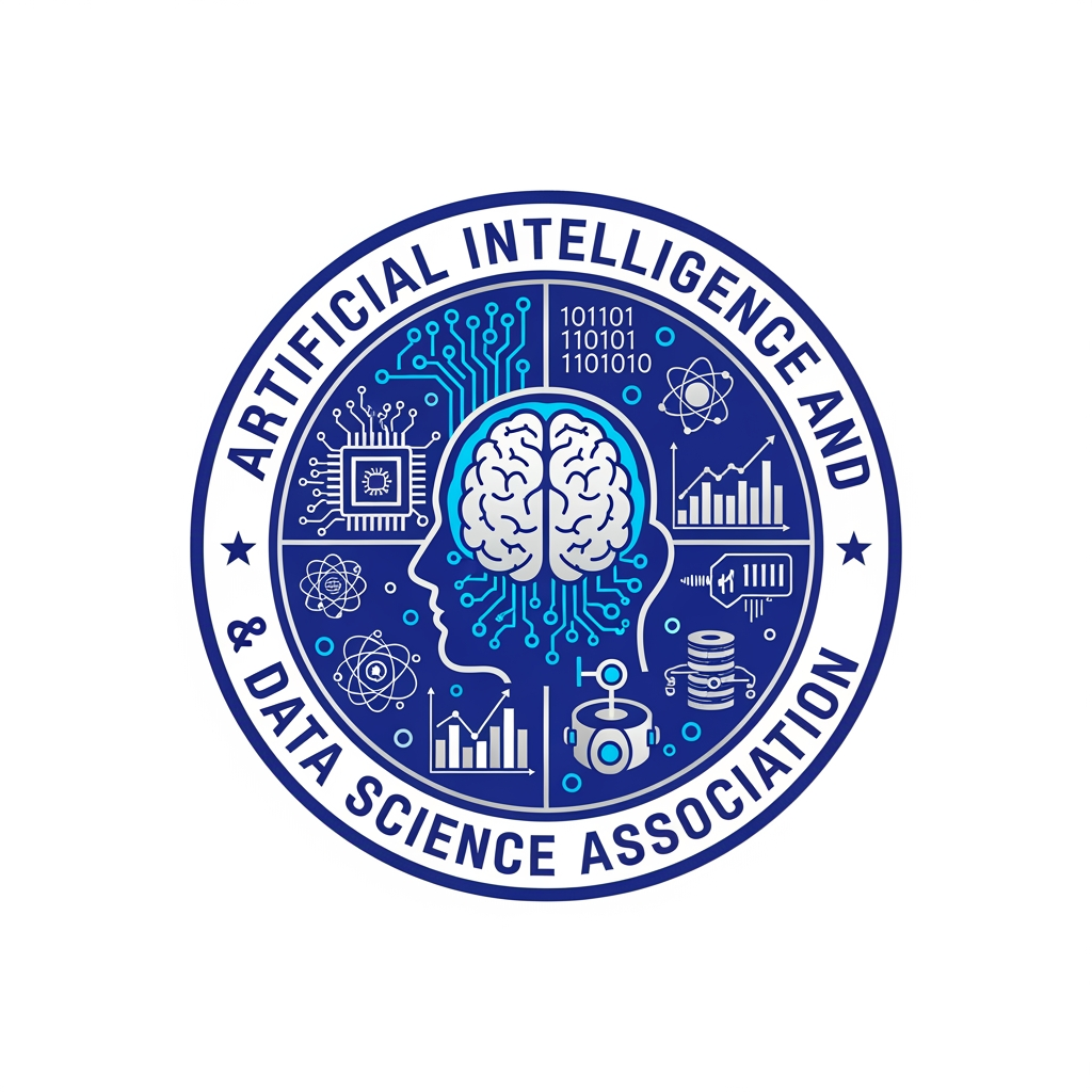 AI Design for Create a world-class emblem logo for an Artificial Intelligence and Data Science Association. The central icon should creatively merge a human brain, artificial neural networks, microchip circuitry, digital nodes, binary patterns, and data analytics graphs into a single harmonious symbol. The logo must represent intelligence, innovation, research, machine learning, deep learning, robotics, automation, and data science. Use a circular badge with a clean academic style, balanced symmetry, and premium vector quality. Include the association name around the border in bold modern typography. Colors should be royal blue, electric blue, cyan, silver, and white. Flat vector illustration, transparent background, minimal, futuristic, official engineering college association logo, award-winning design, Adobe Illustrator style, high detail, SVG-quality.