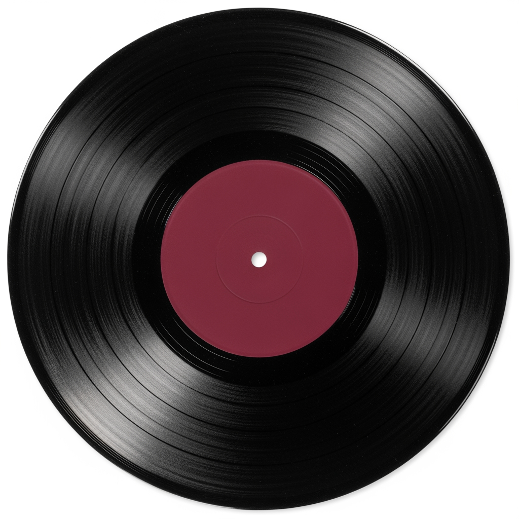 Create a highly detailed, ultra-realistic illustration of a vinyl record, shown in a perfectly centered, orthographic top-down view, based strictly on the provided reference image.

The record must be fully visible, perfectly circular, with no perspective distortion.

Accurately replicate:
– solid maroon label, no design, no text.
– Fine concentric groove patterns across the vinyl surface
– Subtle surface reflections and light sheen typical of vinyl
– Minor dust, micro-scratches, or wear if present in the reference

Material realism is critical: deep black vinyl with fine groove texture visible under soft lighting.

Lighting should be studio-soft, angled slightly to reveal groove detail without harsh glare.

Background must be clean and minimal (white or neutral), ensuring strong contrast and print clarity.

Output must be extremely high resolution (8k), crisp, and print-ready, ensuring the illusion of a real vinyl record when used as a notebook cover.